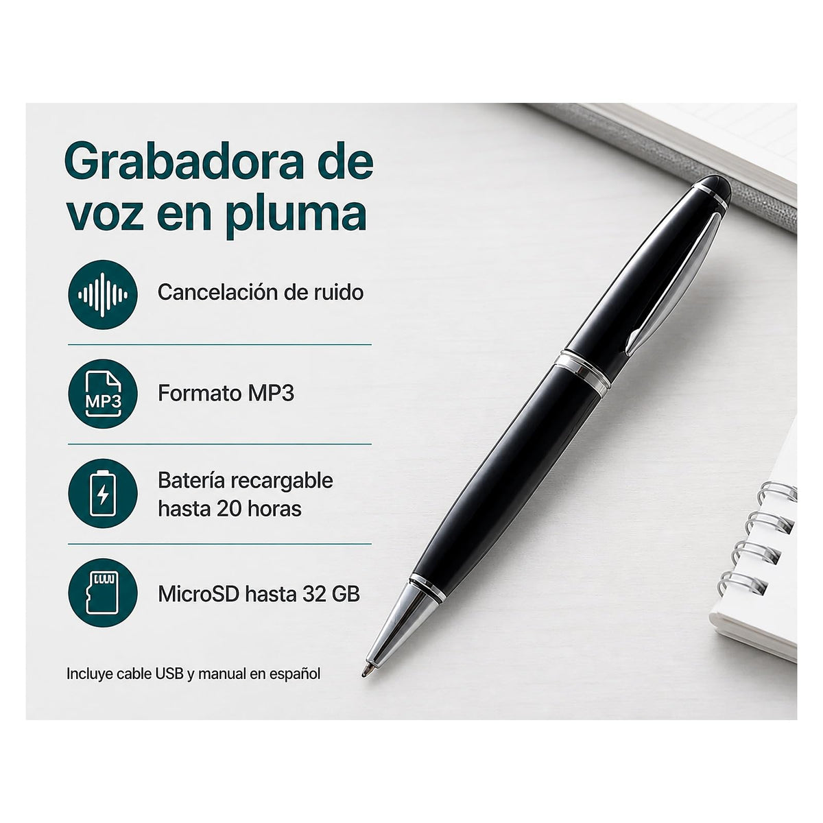 Grabadora de Voz Digital GoGo Electronics Negro con Micrófono de Cancelación de Ruido y Batería Recargable