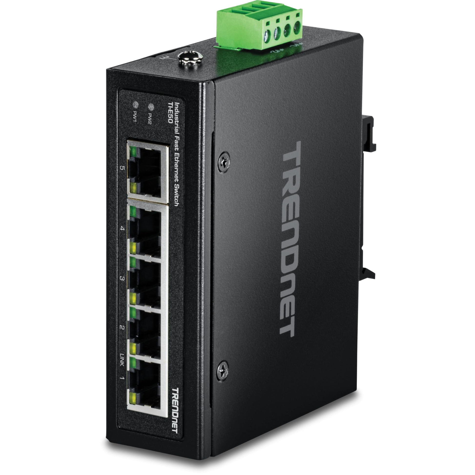 TRENDnet 5-Port Industrial Unmanaged Fast Ethernet DIN-Rail Switch, 5 x Fast Ethernet Ports, IP30, Operating Temperature Range of -40° – 75°C (-40° – 167°F), Lifetime Protection, Black, TI-E50