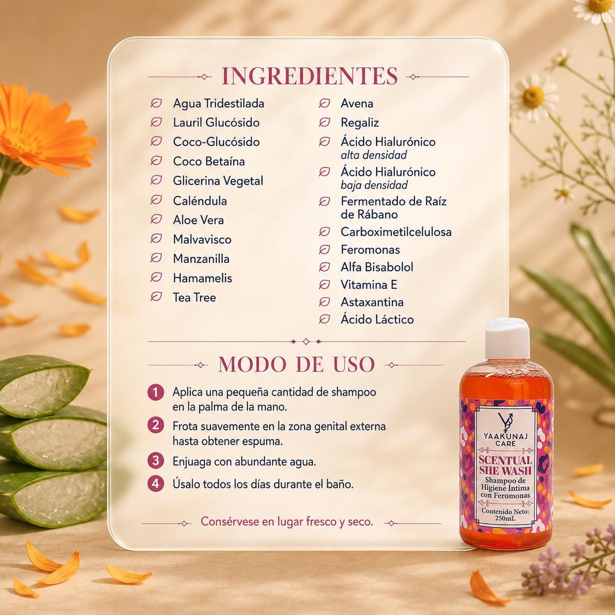 Shampoo Íntimo - Yaakunaj Care - Scentual She Wash - 250ml - Jabon Liquido - Con Feromonas, Vitamina E, Tea Tree, Malvavisco, Manzanilla Y Aloe Vera - Para Mujer - Fragancia