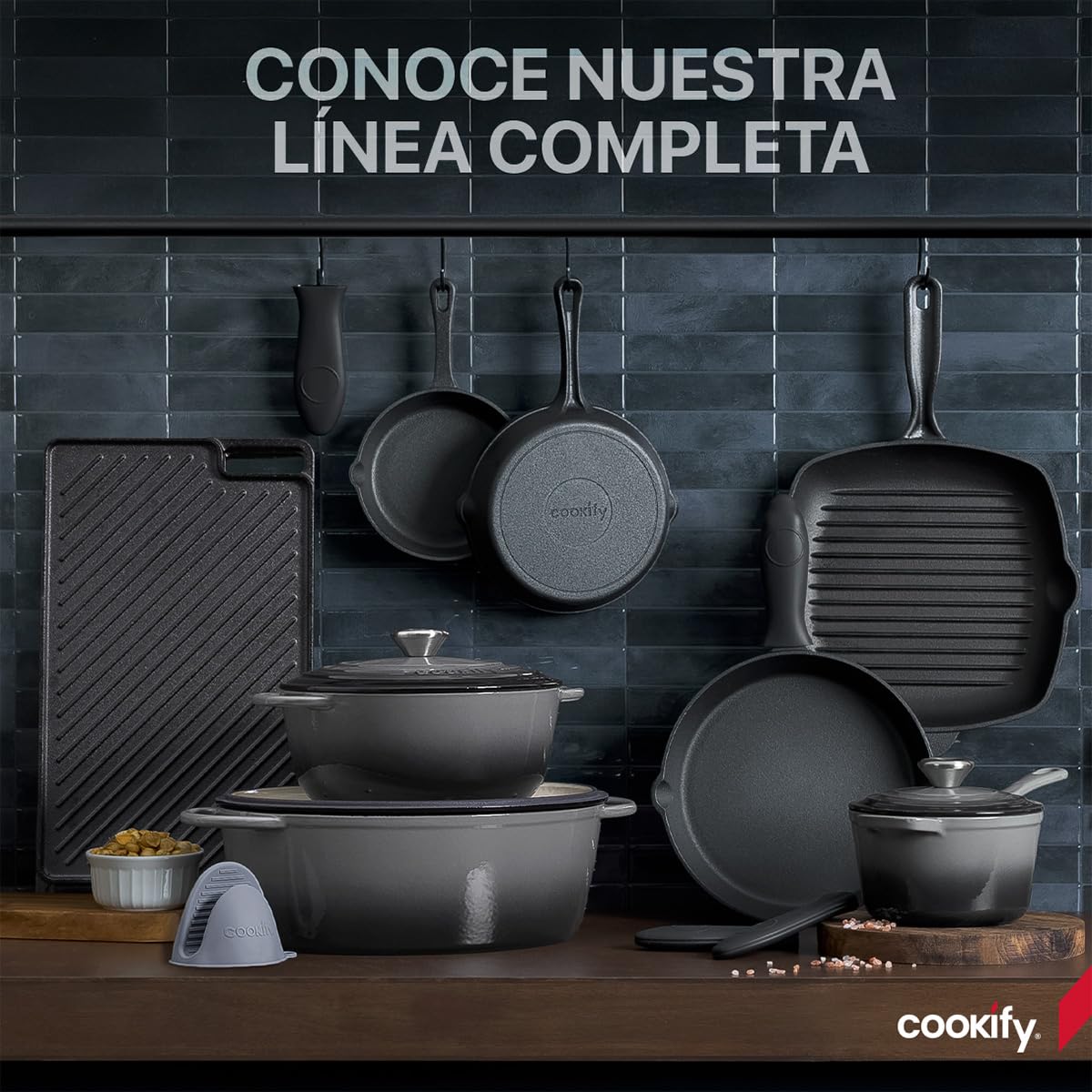 Cookify Olla de Hierro Fundido Esmaltado para Horno y Estufa, Capacidad 1.5 Litros (Gris, 17 cm)