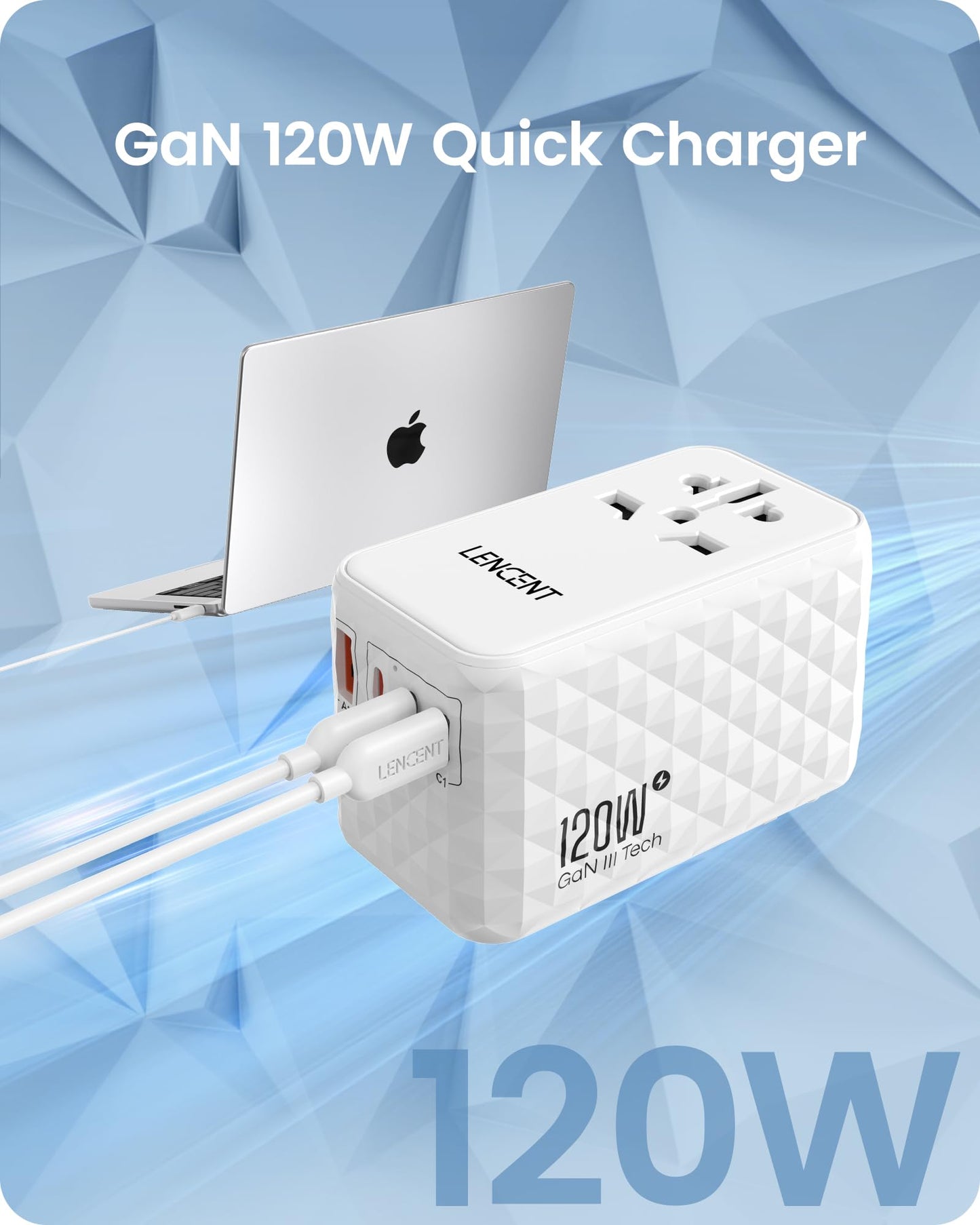 LENCENT Adaptador Universal de Viaje, 120W Internacional con 1 USB y 3 USB-C PD Carga Rápida, Cargador Europeo con Enchufe Tipo A/C/G/I para USA/UE/Reino Unido/Australia, Blanco