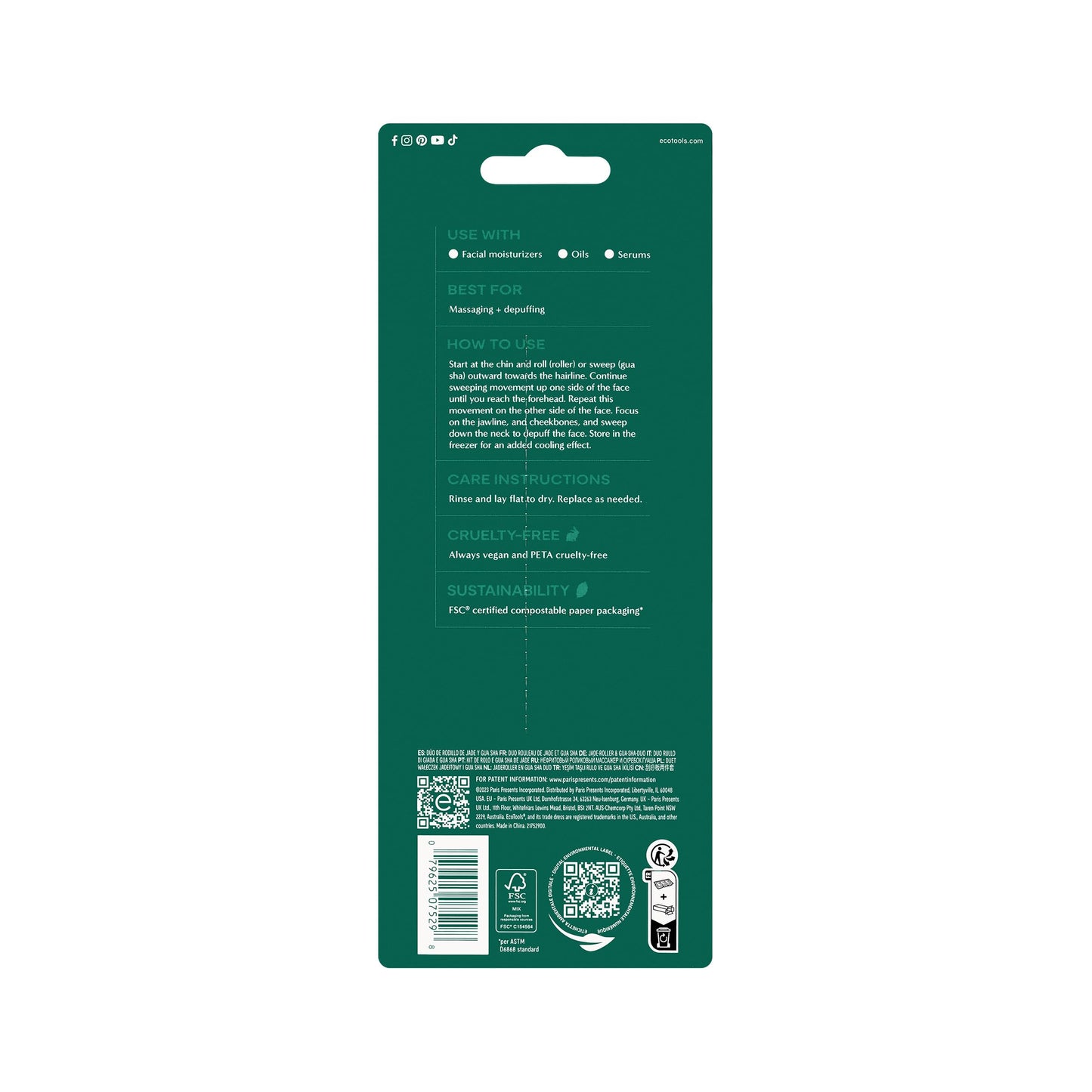 EcoTools Jade Roller and Gua sha Facial Set, rodillo facial y herramienta de masaje, 100% Jade Skin care Essential
