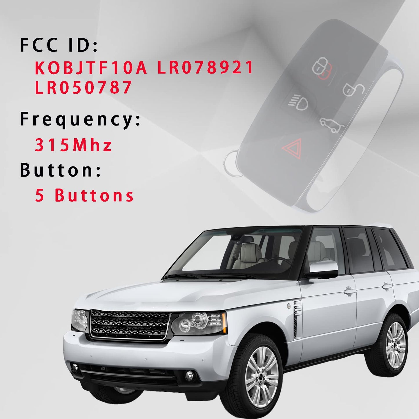 Llavero de repuesto de 5 botones para coche, control remoto de entrada sin llave, compatible con Ranger Rover 2012-2017, Sport, Evoque/Land Rover LR2/LR4 (KOBJTF10A), paquete de 1