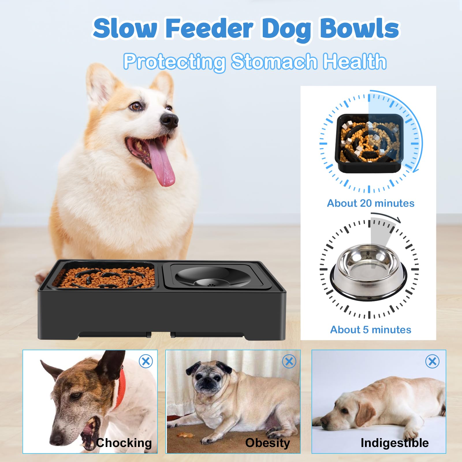 IKUSO - Tazones para Perros 2-en-1 con Altura Ajustable y Comida Lenta, Antiderrame y Antideslizante, Protege la Columna Vertebral del Perro
