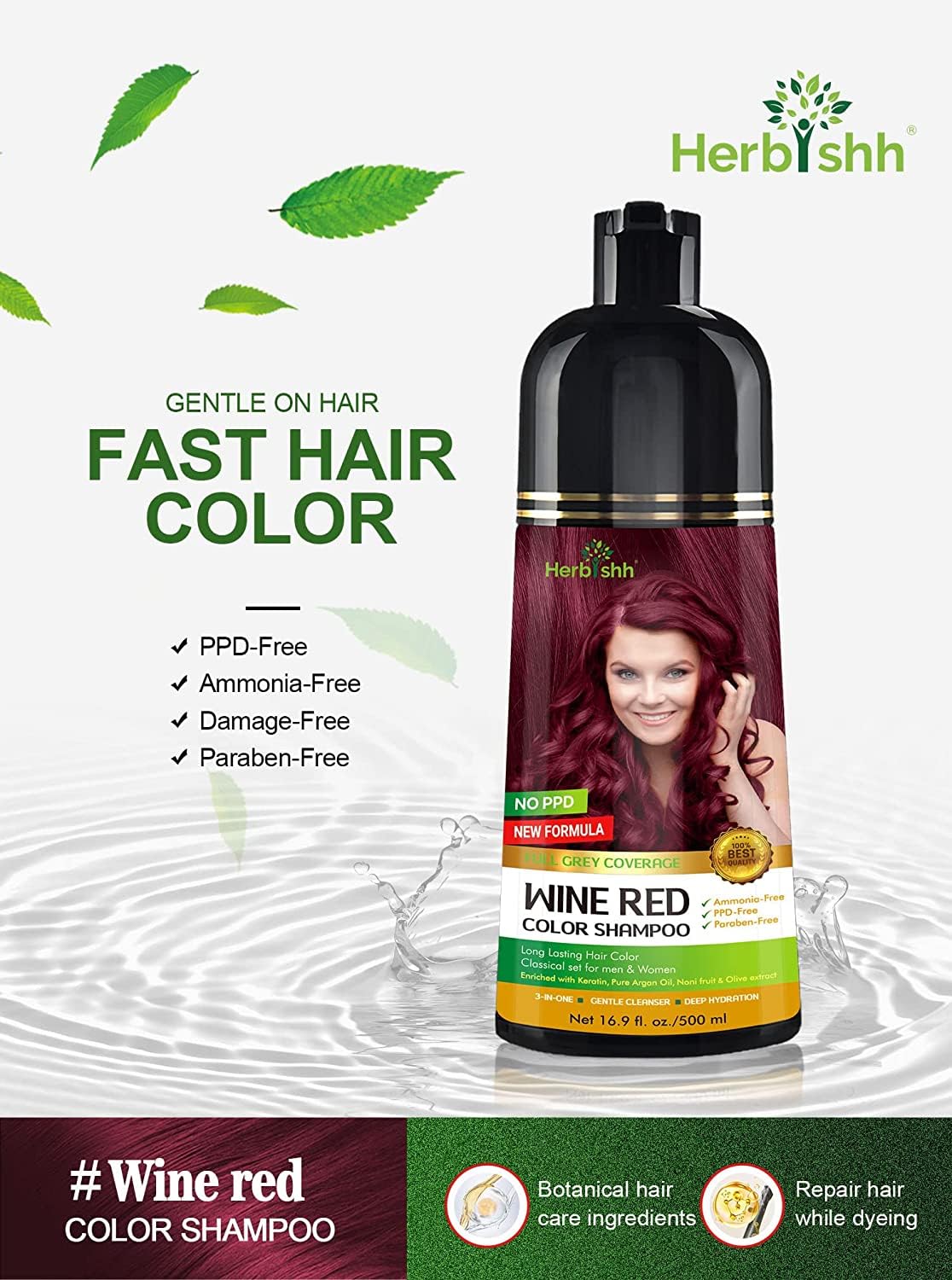 Herbishh - Champú colorante para cabello gris, champú con tinte natural para el cabello, colorea el cabello en minutos, dura hasta de 3 a 4 semanas, 500 ml, tinte de cabello 3 en 1, sin amoniaco | (rojo vino)