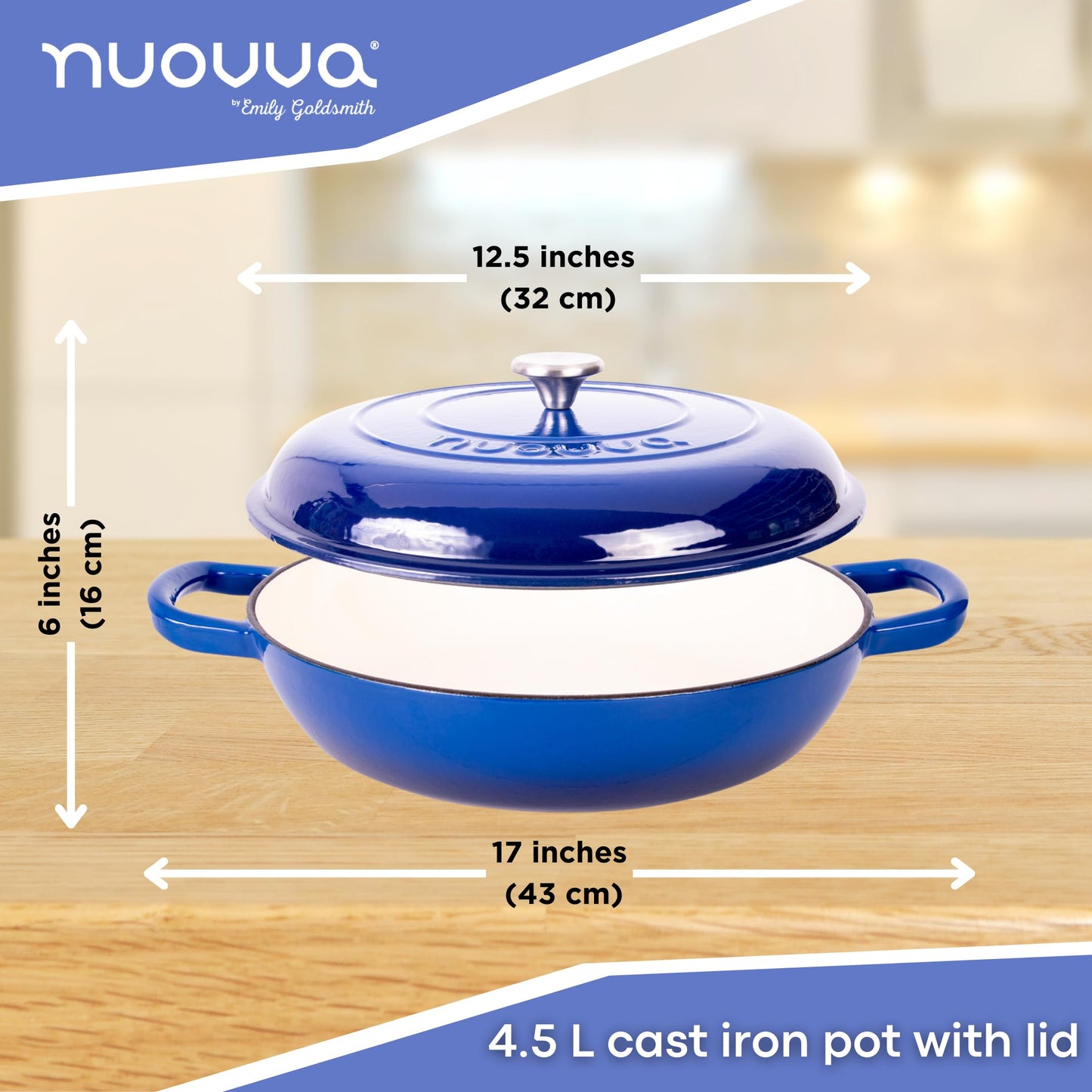 Nuovva - Cacerola de hierro fundido poco profunda con tapa, olla antiadherente para horno holandés, utensilios de cocina resistentes a prueba de horno, olla esmaltada, color azul oscuro, 5 cuartos de galón, 32 cm
