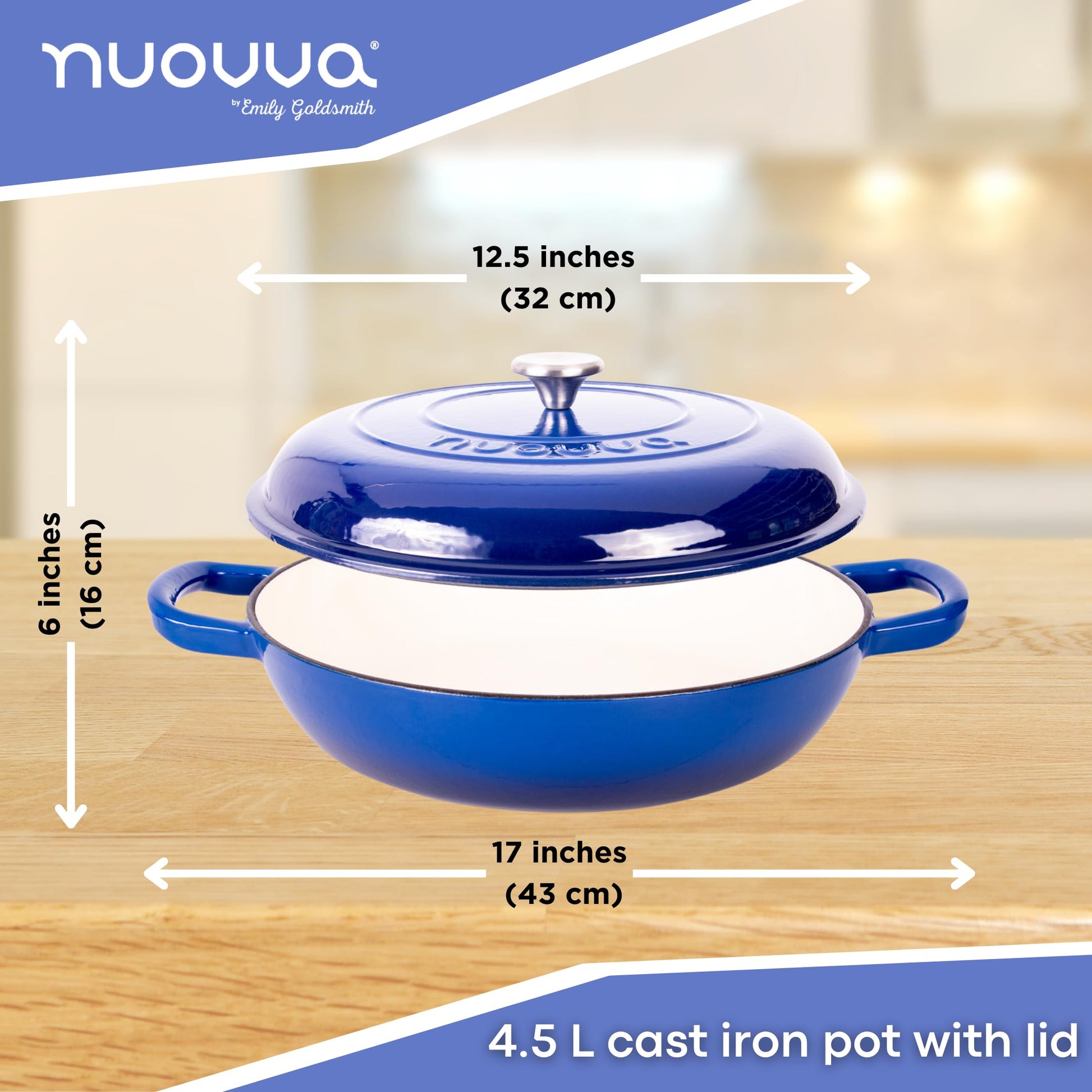 Nuovva - Cacerola de hierro fundido poco profunda con tapa, olla antiadherente para horno holandés, utensilios de cocina resistentes a prueba de horno, olla esmaltada, color azul oscuro, 5 cuartos de galón, 32 cm