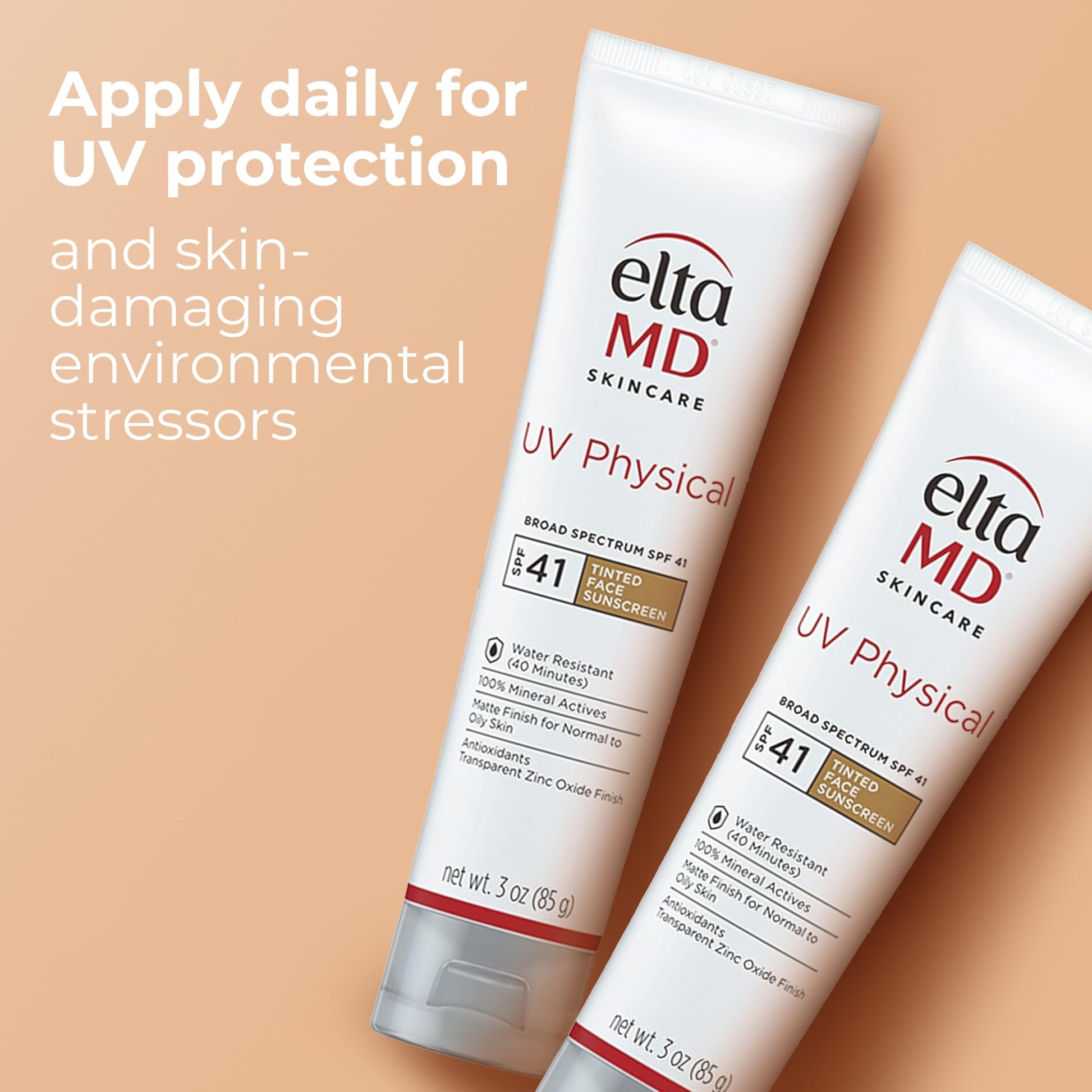 EltaMD UV Physical Tinted Broad-Spectrum SPF 41, Protector solar, Fórmula de óxido de zinc a base de minerales, resistente al agua, sin aceite, recomendada por dermatólogos, 85g