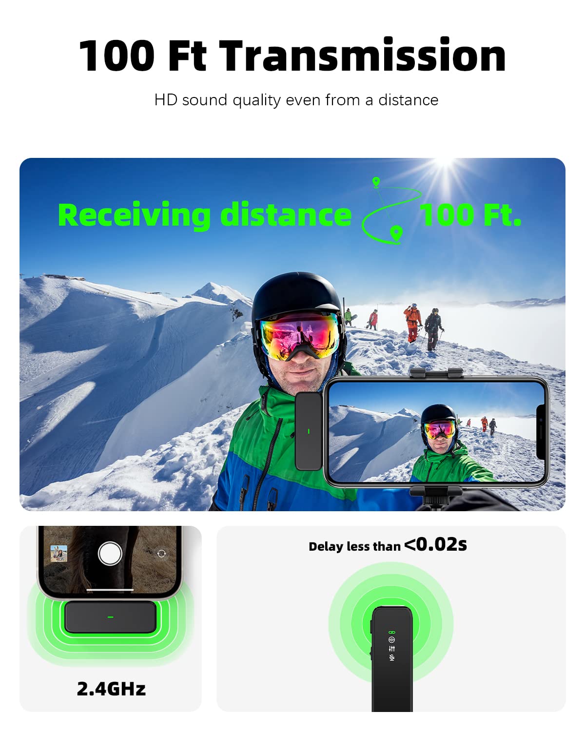 Micrófono Lavalier Inalámbrico USB Tipo C con Cancelación de Ruido para iPhone y Android 100 Pies 18 Horas de Batería