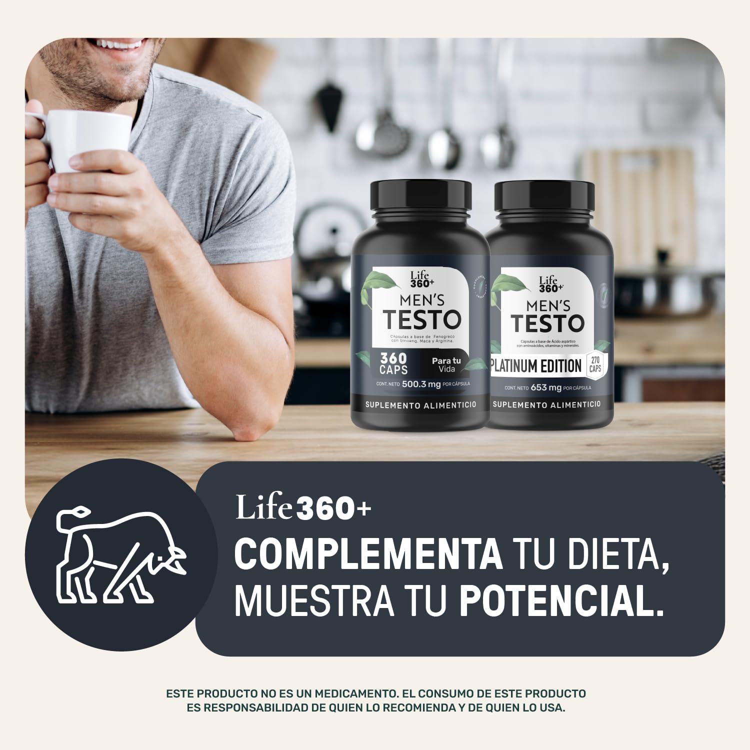 LIFE 360+ Mens Testo | 360 Cápsulas | Maca Negra, Maca Roja y Maca Amarilla, L-Arginina, Zinc, Vitamina D, Magnesio, Ginseng y Guarana | Suplemento Alimenticio | 360 Cápsulas por Envase
