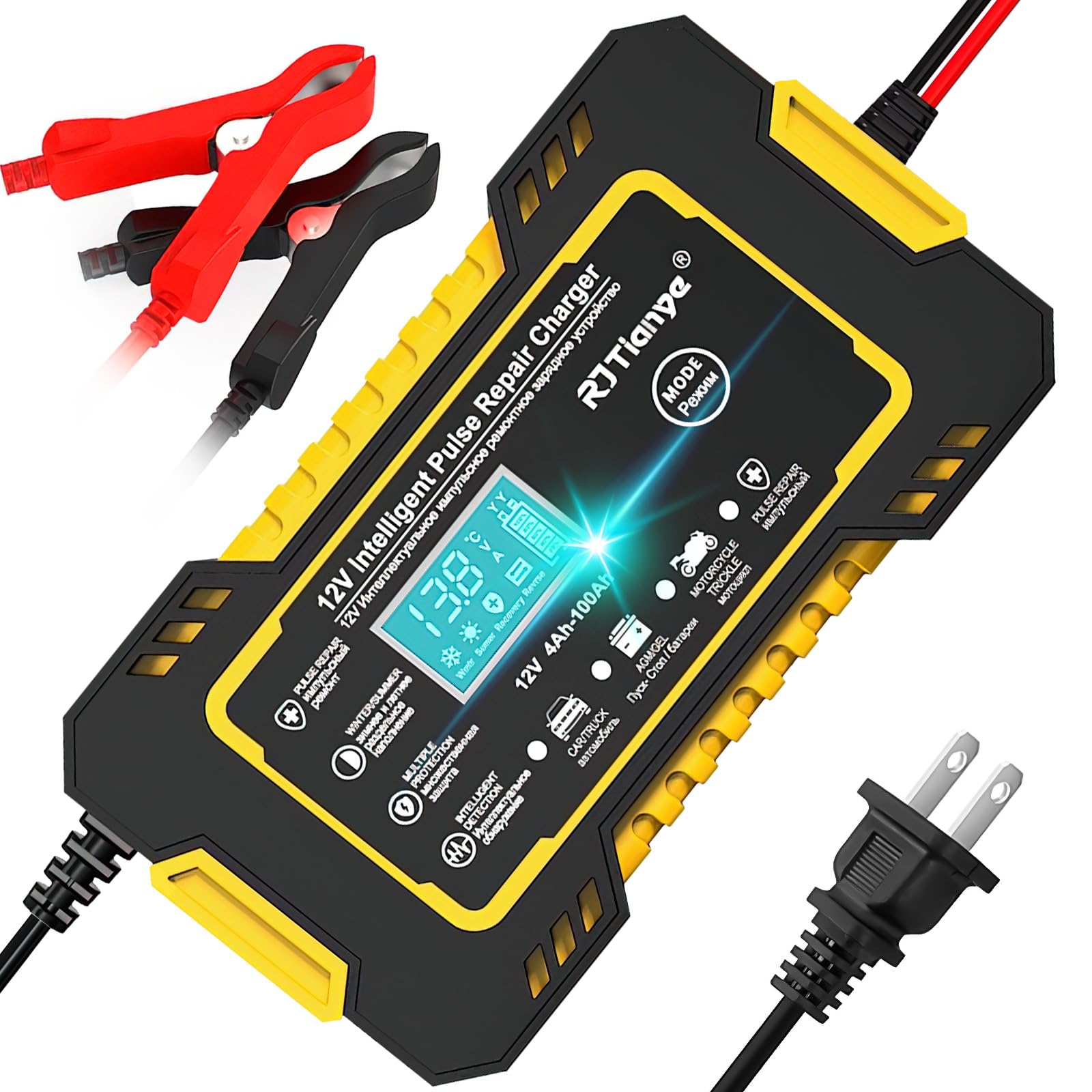 Cargador de Bateria 12V 6A, Cargador Bateria Coche con Visualización LCD y Abrazaderas, Arrancador de Bateria GEL, AGM, WET para Auto Inteligente Mantenimiento de Batería, Para Coche, Moto, Camiones