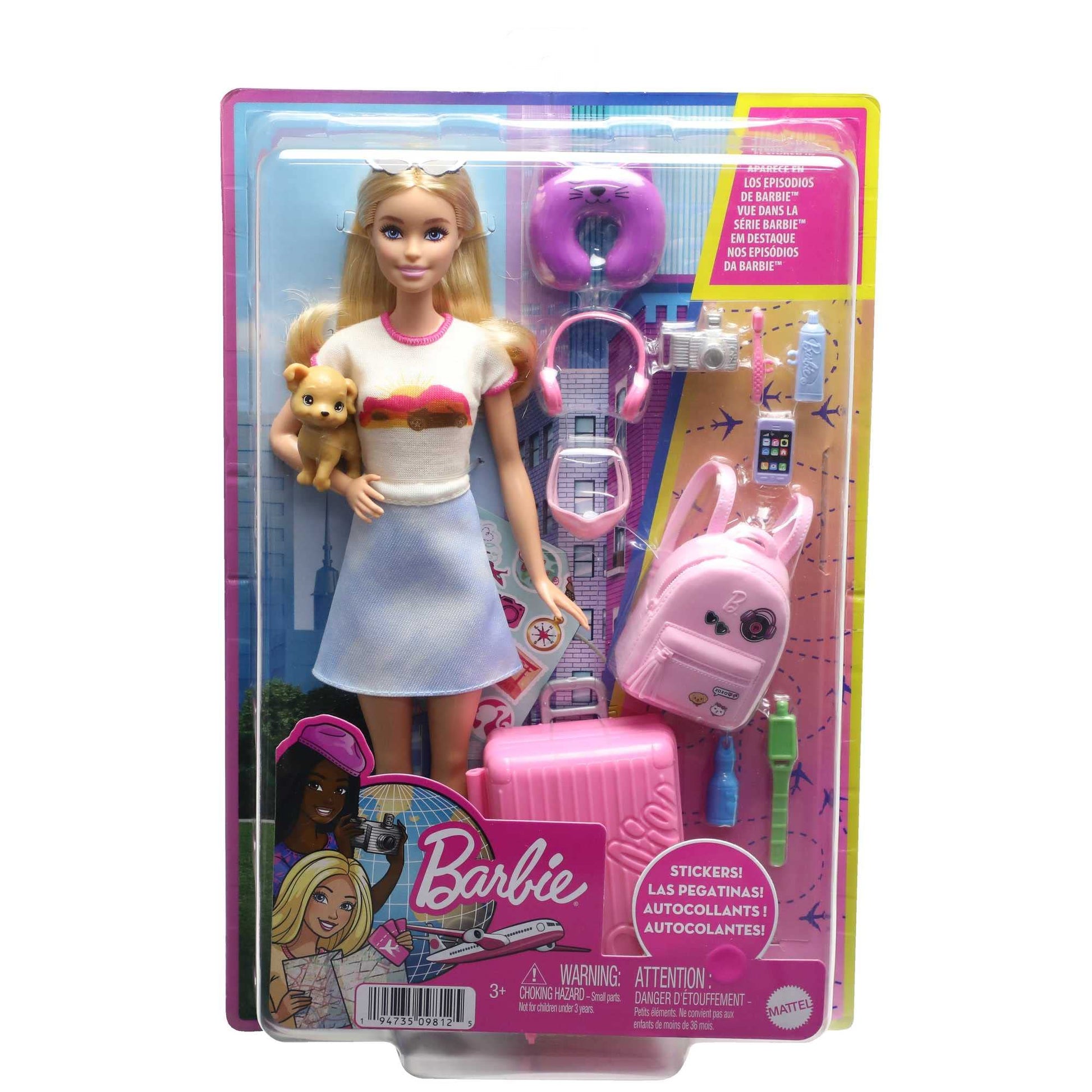 Barbie Muñeca Viajera con Set de Viaje, Incluye Mascota y más de 10 Accesorios, la Maleta Abre y Cierra, 3 años en adelante