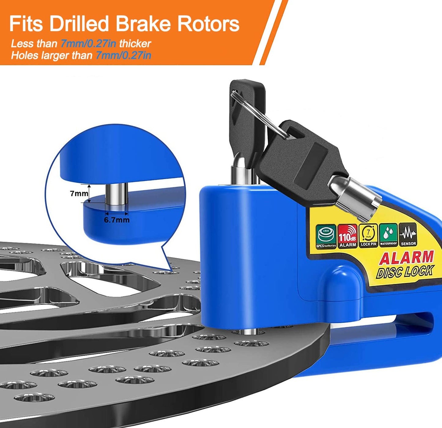 Cerradura de alarma de la motocicleta Alarma de disco de freno de la motocicleta Alarma de seguridad antirrobo a prueba de agua 110 decibelios de sonido de alarma con 4,3 pies de cable de alarma Adecuado para scooters Motocicletas azul