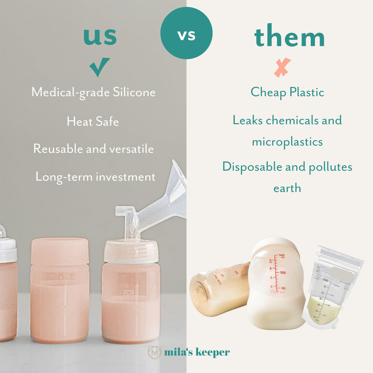 Mila's Keeper - Botellas de almacenamiento de leche materna de silicona premium, para bombeo, almacenamiento y alimentación, se adapta a bombas y pezones líderes, recipientes de almacenamiento de