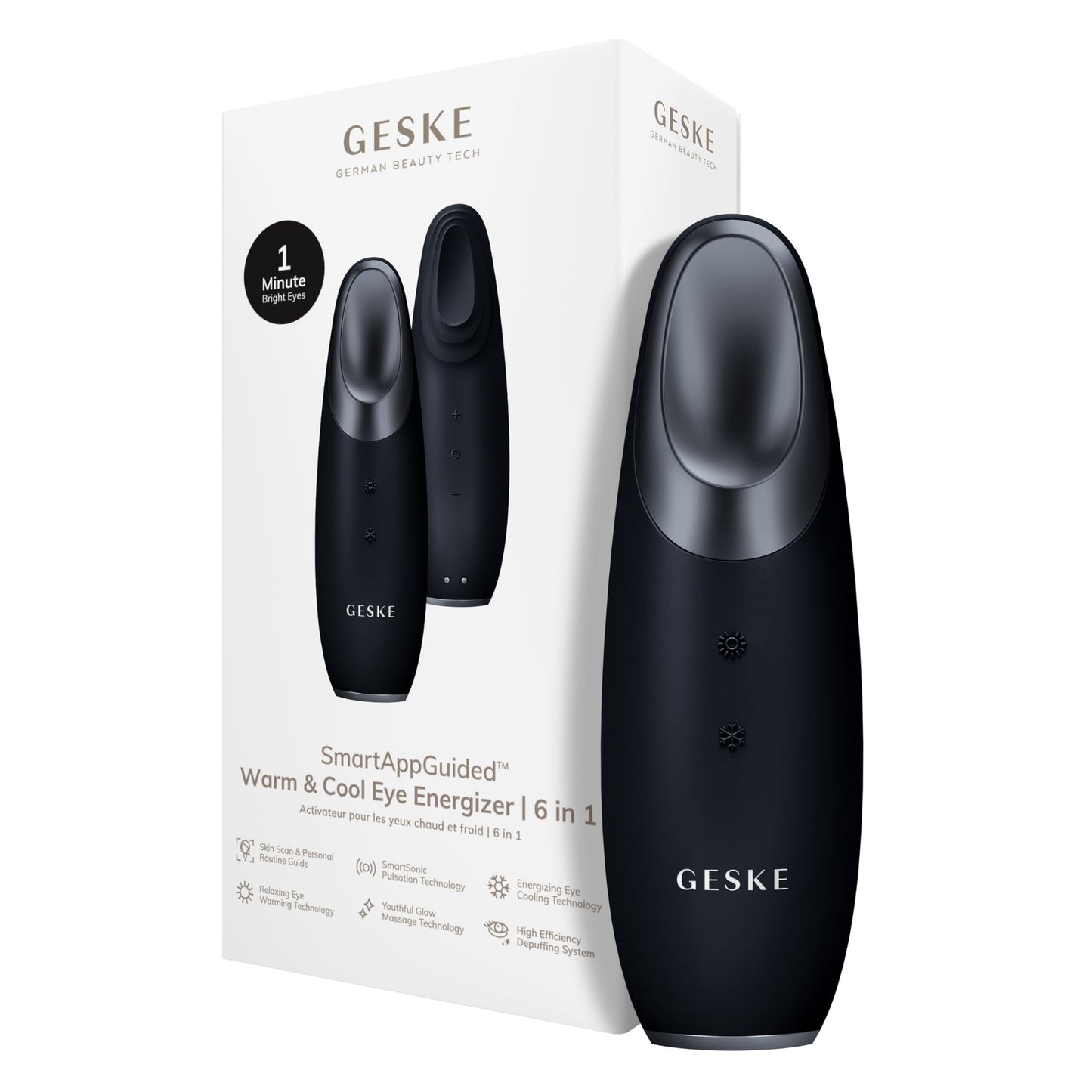 GESKE | SmartAppGuided™ Warm & Cool Eye Energizer | 6 en 1 | Masajeador de ojos | Masajeador anti ojeras | Eliminar bolsas y párpados caídos | Masaje ocular eléctrico