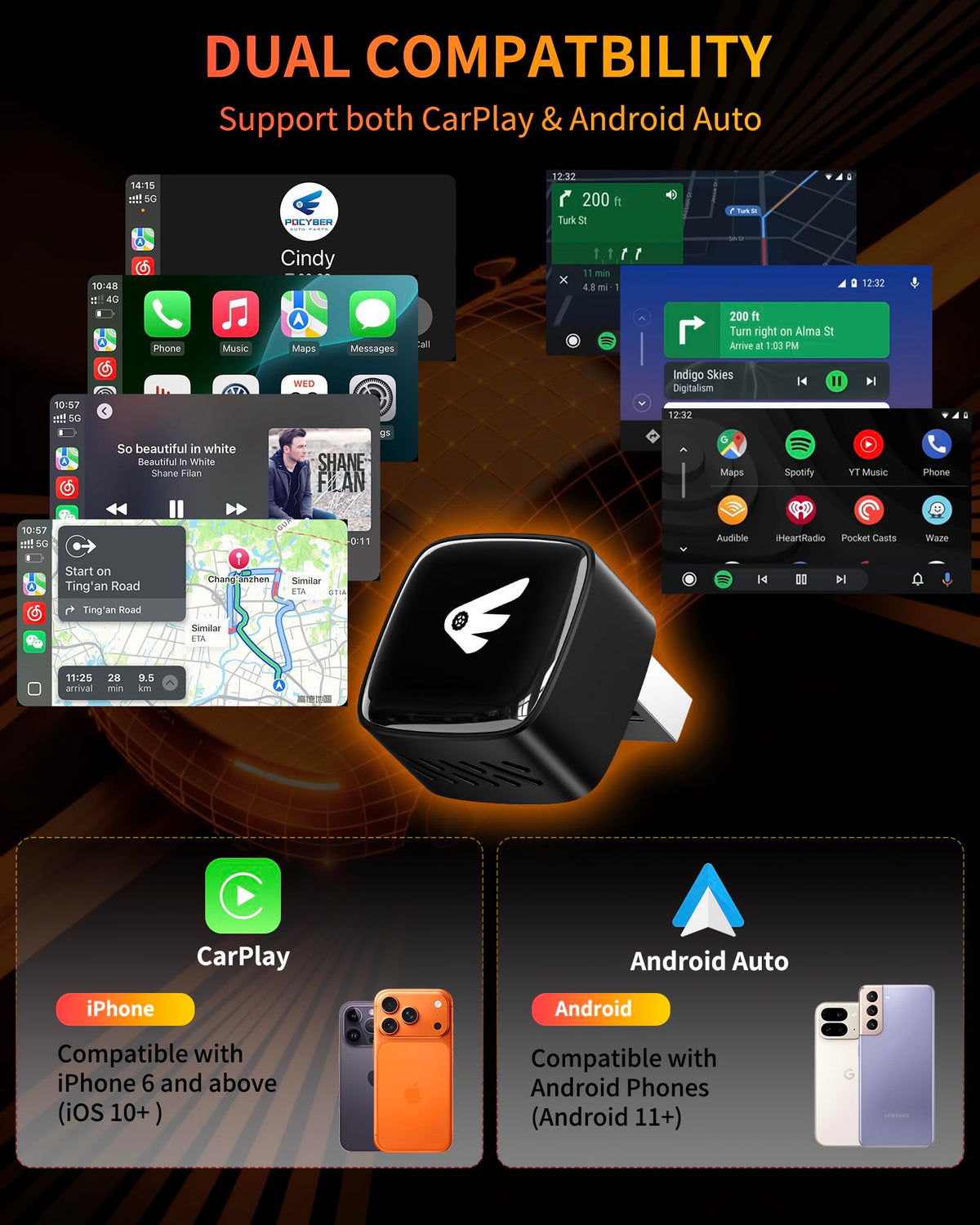 Adaptador Inalámbrico CarPlay iPhone y Android Auto Converter Plug and Play para Coches 2016+