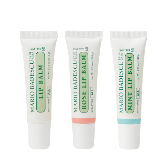 Mario Badescu Bálsamo labial para labios secos y agrietados, paquete trío que incluye menta, rosa y humectante original, cuidado ultra nutritivo para una sensación suave, tersa y flexible, 3 unidades