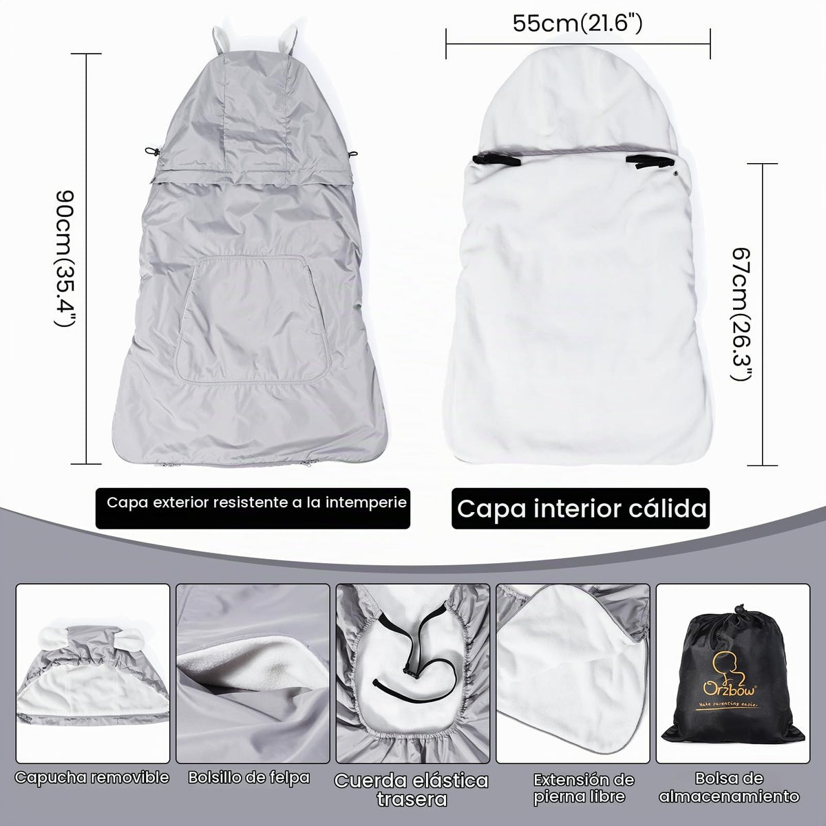 Orzbow - Funda para portabebés de invierno con capucha desmontable, impermeable y resistente al viento, con bolsillos grandes, ajuste universal para portabebés y taburete de cintura | con bolsa de