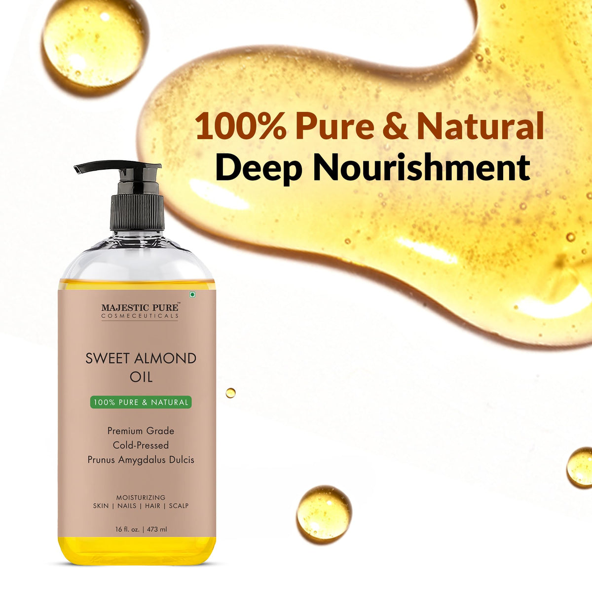 Majestic Pure Sweet Almond Oil, Super Triple A Grade Quality, 100% Pure and Natural from Spain, Cold Pressed , 16 fl oz.