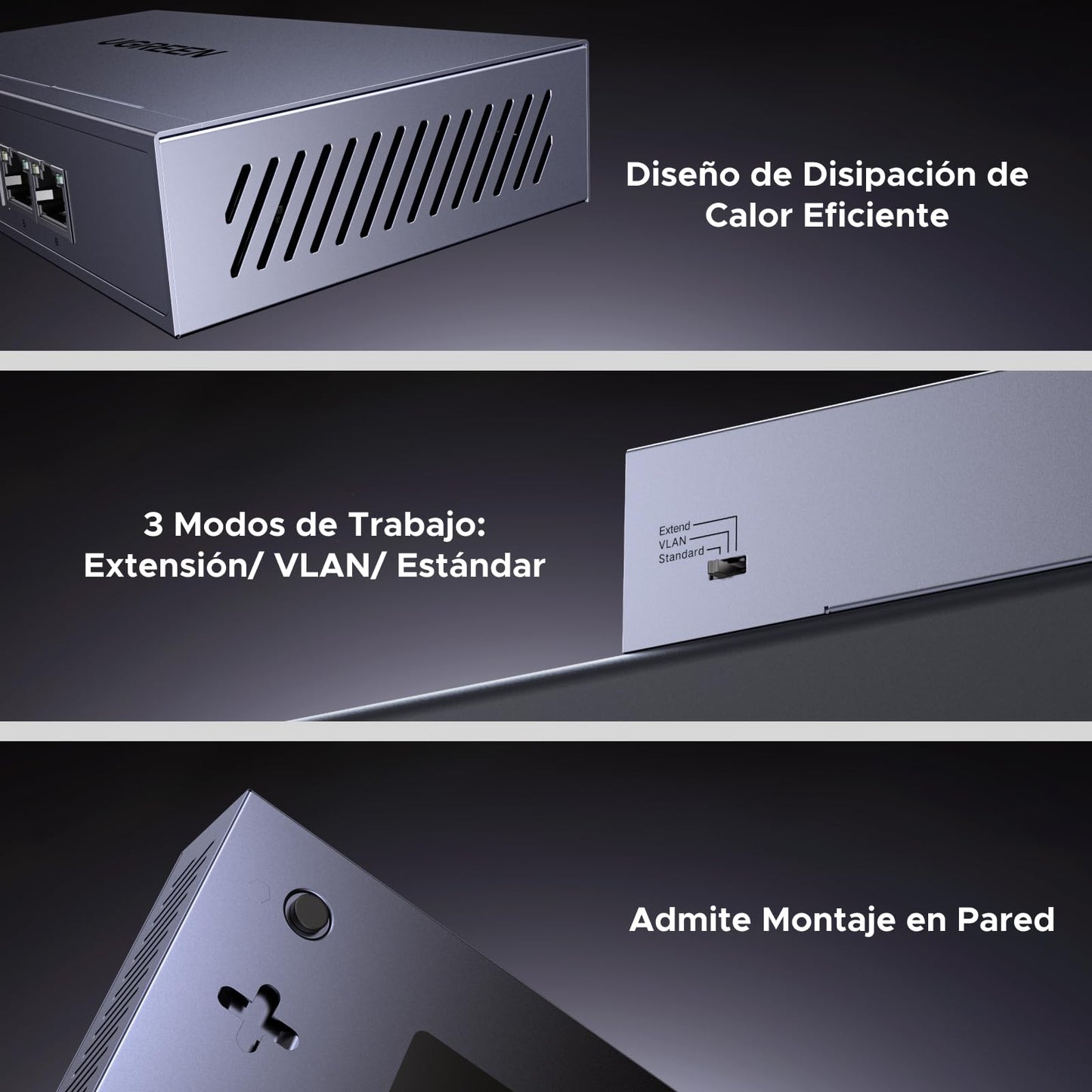 UGREEN Conmutador Ethernet de 6 Puertos, 4 PoE y 2 Enlace Ascendente de Gigabit, 60W, Metal durodero, conmutador de Red para Escritorio o Montaje en Pared, Ideal para cámara de Seguridad, teléfono IP