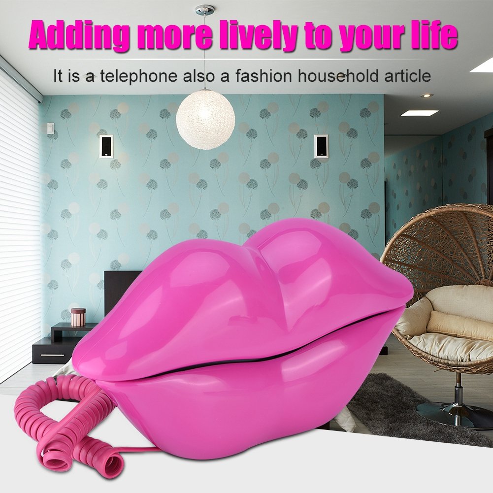 Yoidesu Teléfono con Cable, teléfono con Labios, teléfono Fijo con Forma de Labio con Boca roja Rosa para el hogar, decoración de la Oficina del Hotel, para niñas y niños (Rojo Rosa)