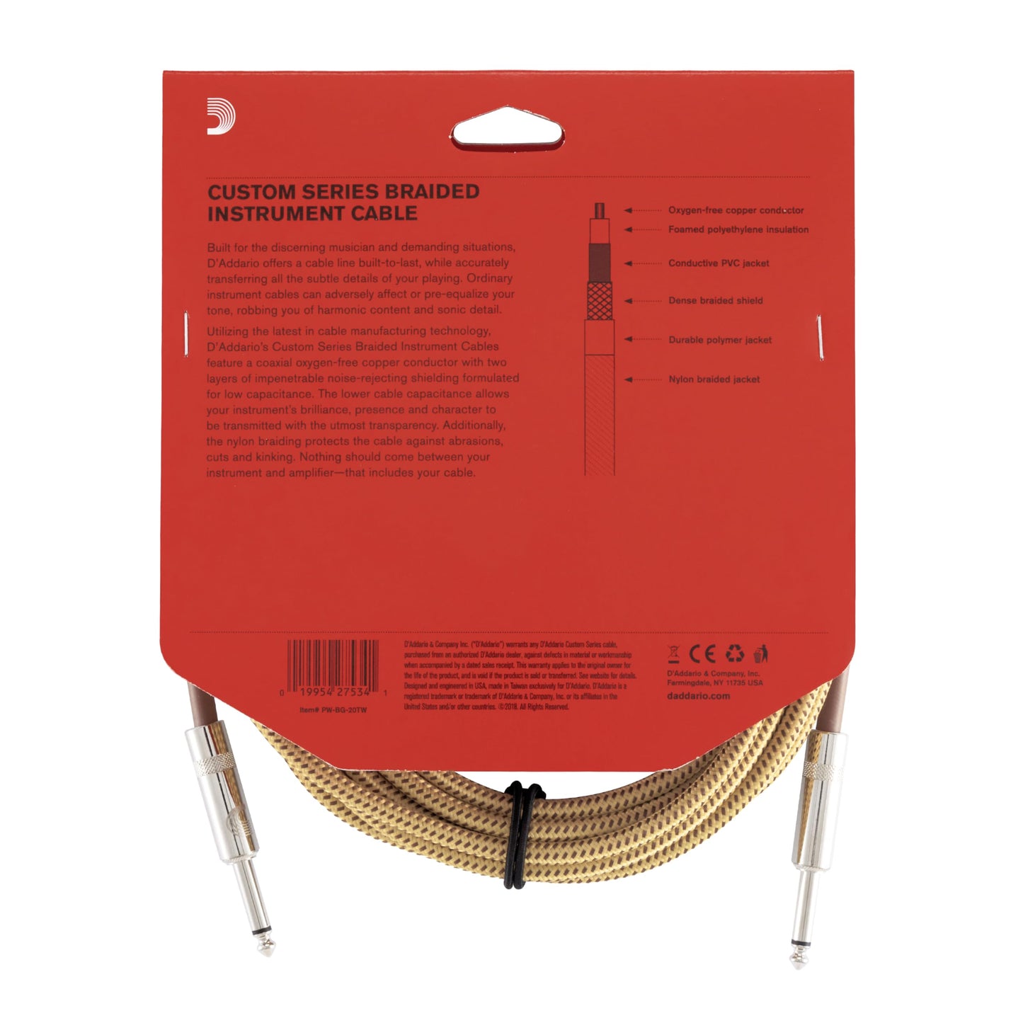 D'Addario Guitar Cable - Guitar Lead - Instrument Cable - Guitar Accessories - Custom Series Braided Cable - 20 Feet/7.62 Meters - Tweed - 1 Pack