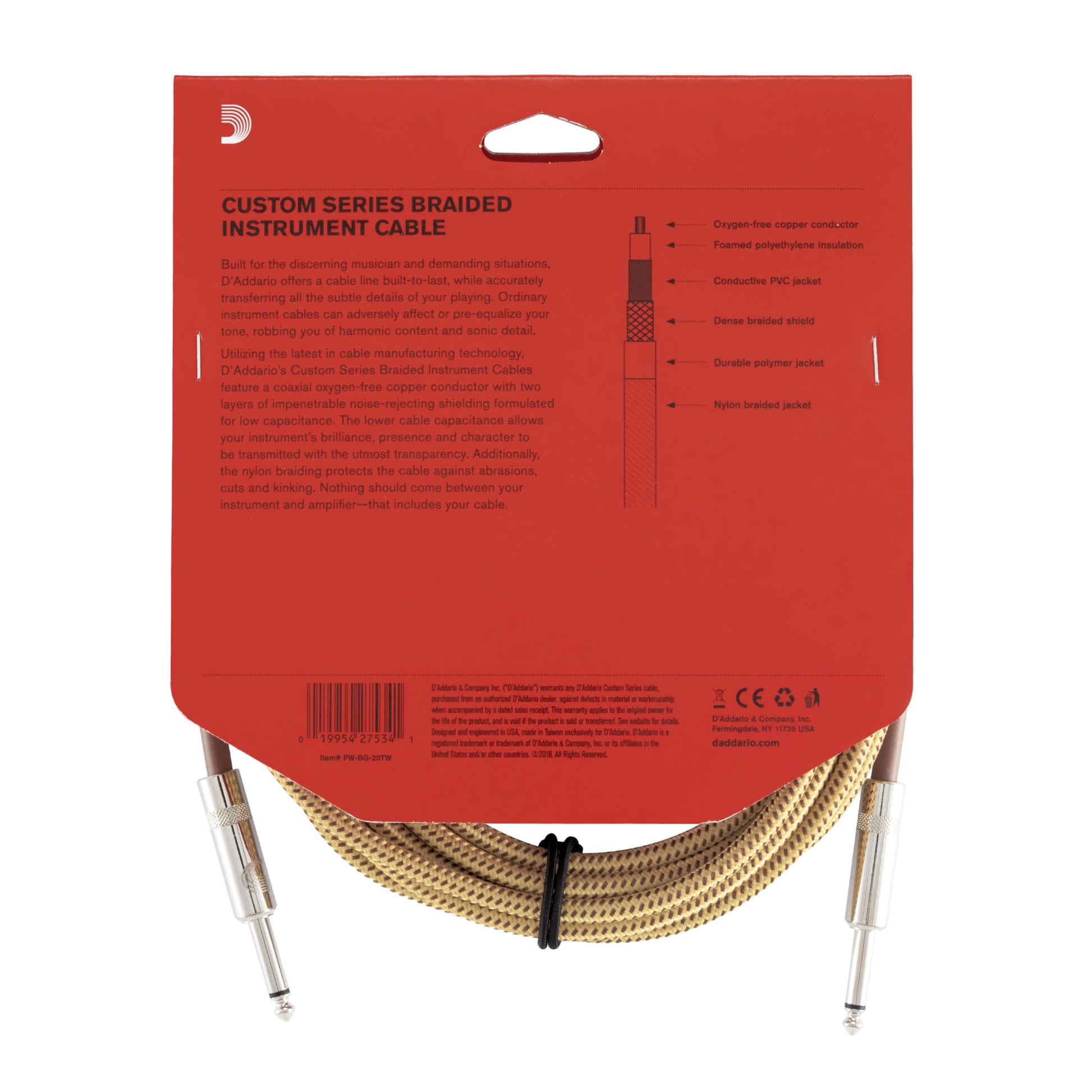 D'Addario Guitar Cable - Guitar Lead - Instrument Cable - Guitar Accessories - Custom Series Braided Cable - 20 Feet/7.62 Meters - Tweed - 1 Pack