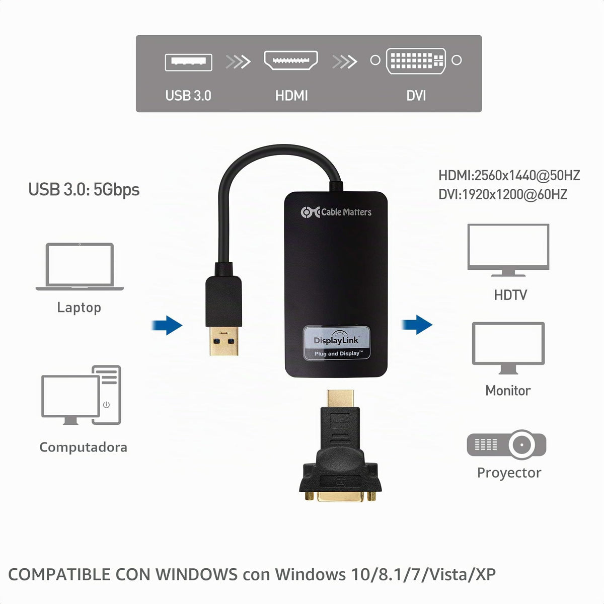 Adaptador USB 3.0 a HDMI Cable Matters Negro SuperSpeed para Windows hasta 1440p