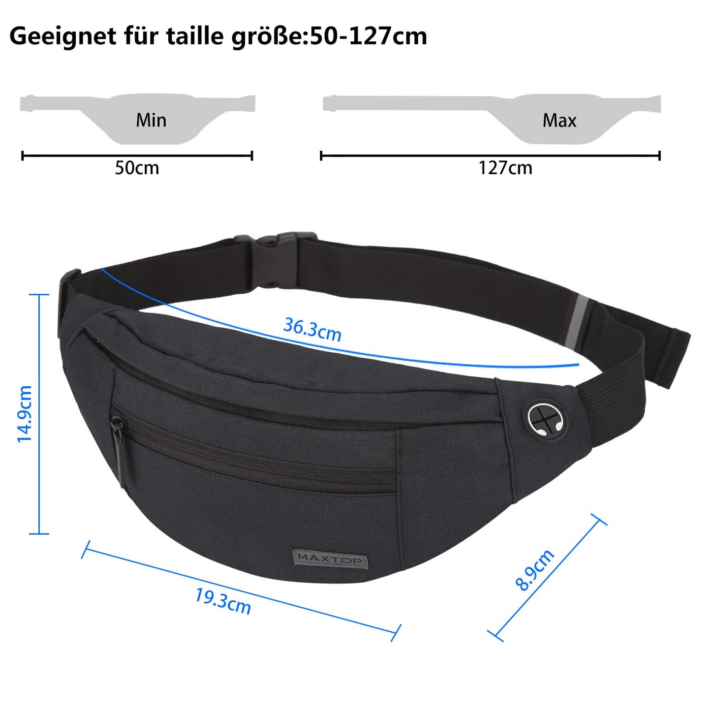 Riñonera MAXTOP Negro con Conector para Auriculares y 4 Bolsillos para Mujer y Hombre