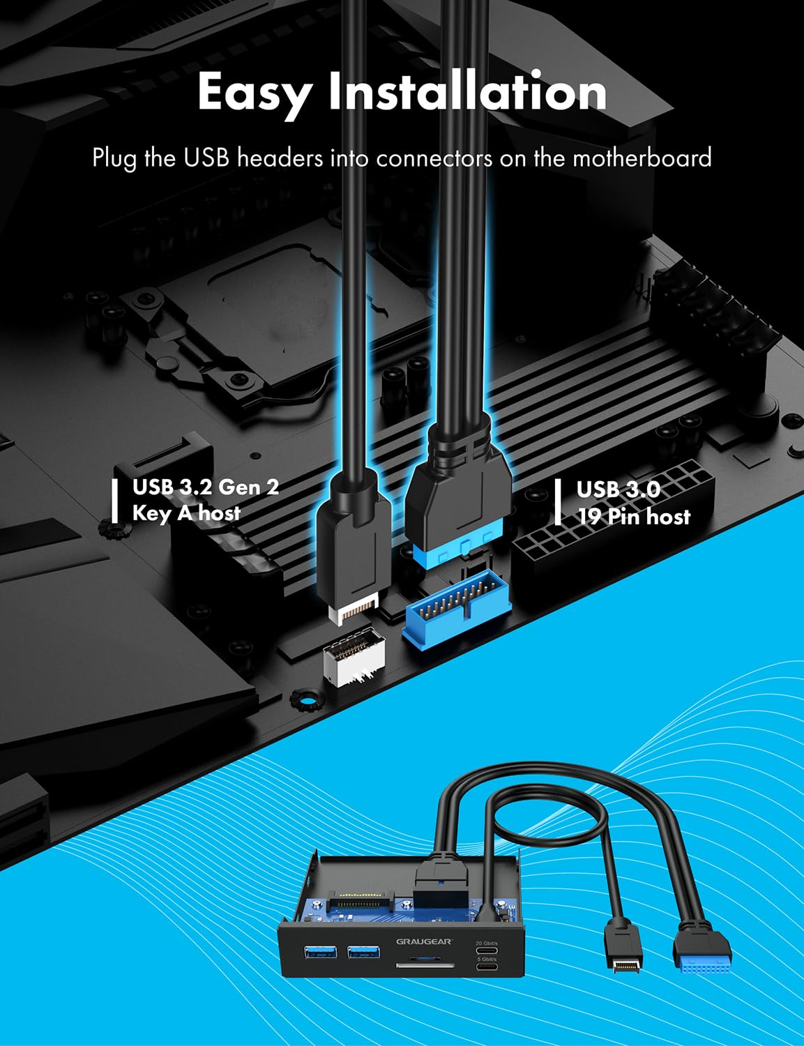 GRAUGEAR Hub USB de panel frontal de 3.5 pulgadas con lector de tarjetas interno, USB 3.2 Gen2 USB-C, puertos USB 3.0, ranuras para tarjetas SD MicroSD/TF, cabezal de llave A de 20 pines y conexión de alimentación SATA, bahía de 3.5 pulgadas [G-MP01CR]