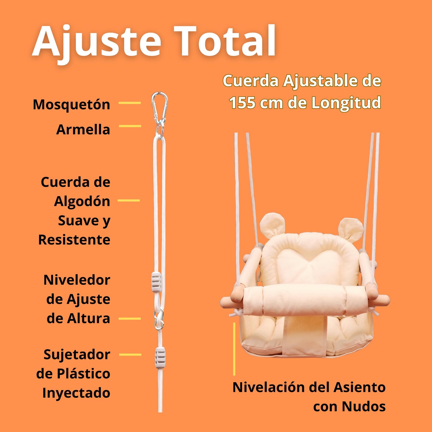 IVREA Asiento de Columpio de Tela Acolchado Modelo Oso para Bebés y Niños Pequeños - Altura Ajustable, Diseño Seguro, Suave y Cómodo. Beige.