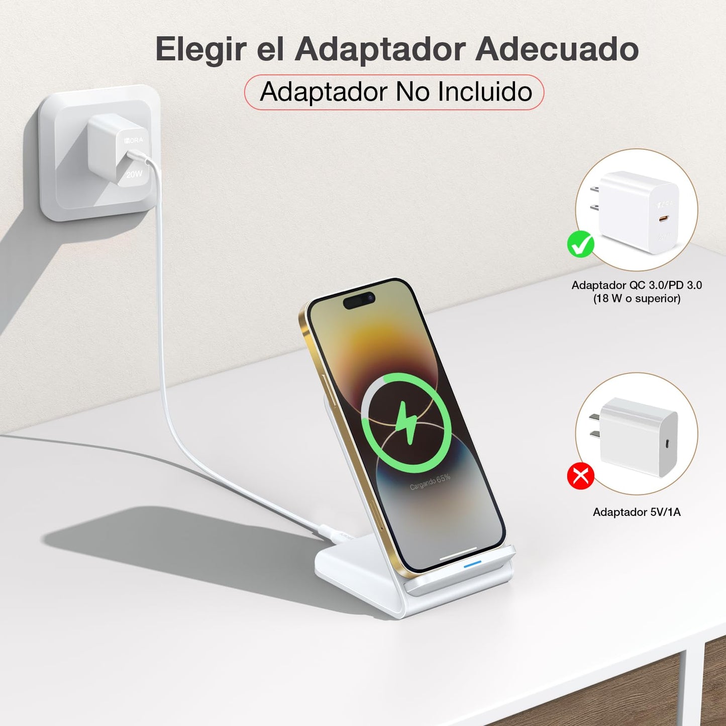 Cargador Inalámbrico de 15W con Cable USB C a C de 1M Compatible con iPhone y Samsung Blanco