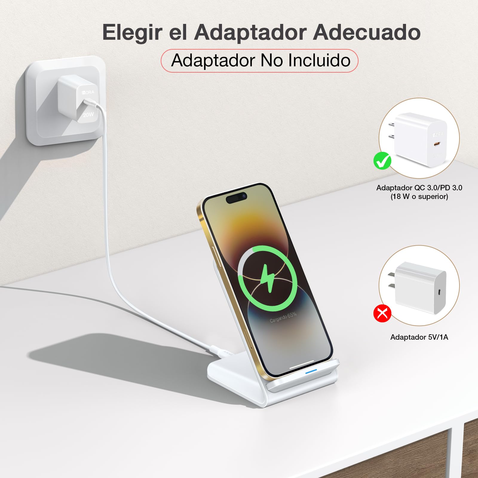 Cargador Inalámbrico de 15W con Cable USB C a C de 1M Compatible con iPhone y Samsung Blanco