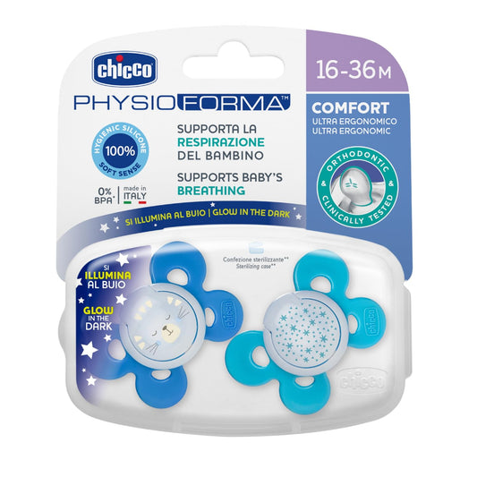 Chicco PhysioForma Comfort, Chupete 16-36 Meses, 2 Piezas, Chupetes con Tetina de Silicona, Ayuda a la Respiración Fisiológica, Favorece el Desarrollo Correcto de la Boca, Colores Surtidos, Azul Claro