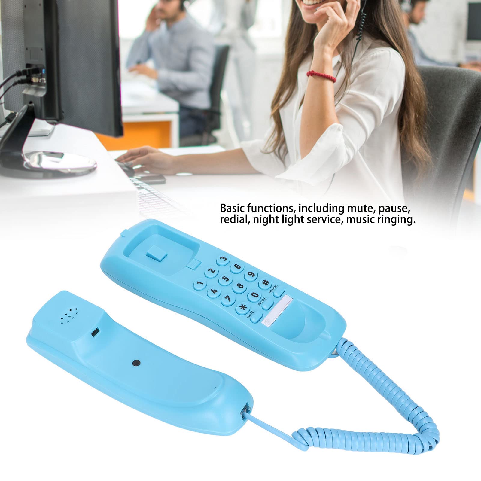 YYOYY Teléfono de Montaje en Pared, Teléfono de Escritorio con Cable, con Función de Silencio/Pausa/Remarcación, Voz de Llamada Clara, Mini Línea Fija Liviana, para Oficina en Casa, Hotel(Azul)