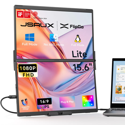JSAUX FlipGo Lite Monitor portátil IPS de 15.6 Pulgadas, Doble apilado, Extensor de Pantalla para portátil 1080P FHD con hub Incorporado, diseño magnético, Cable único para configuración de Monitor
