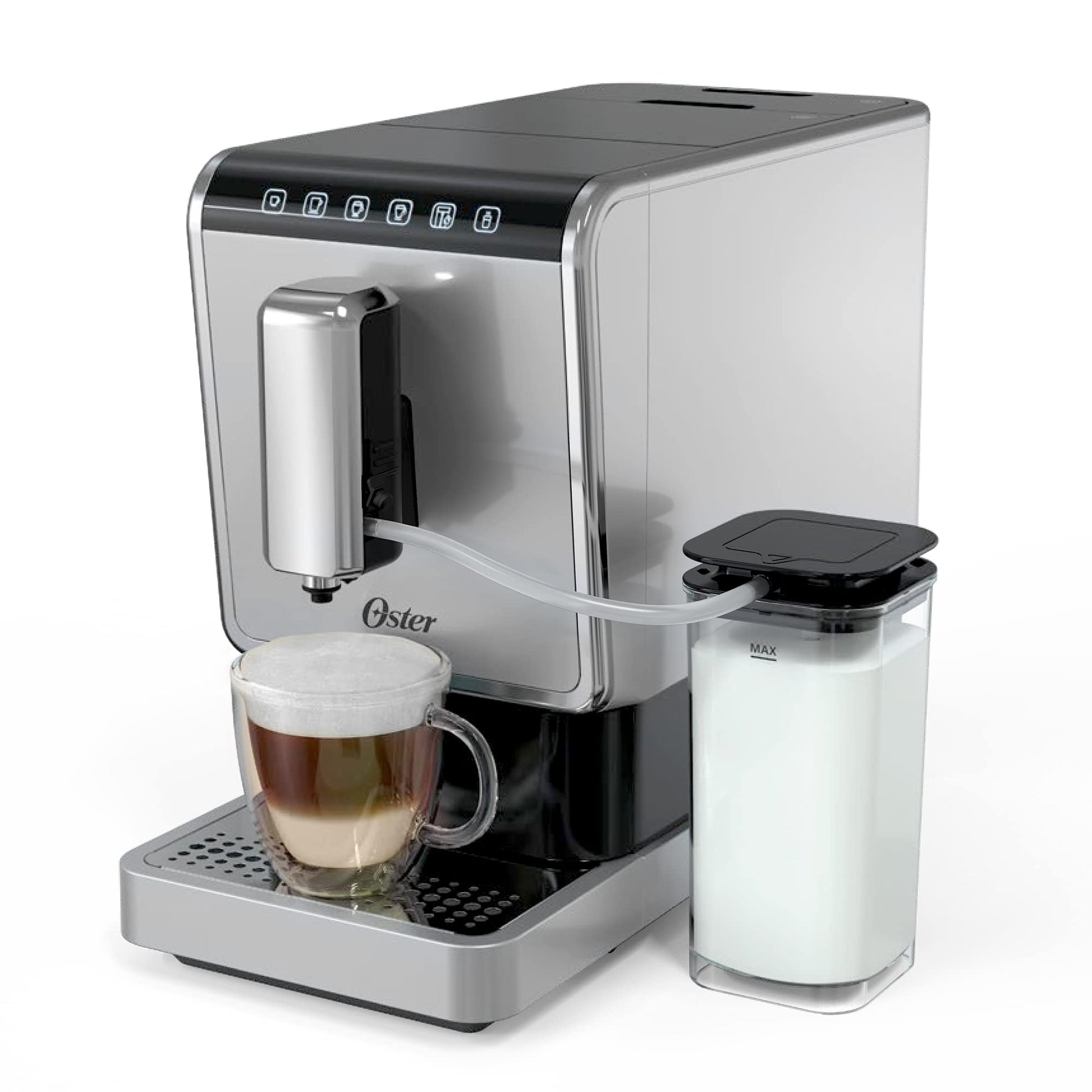 Oster Cafetera Super Automática para Espresso, de 20 Bares de Presión, con Molino Integrado, con Panel de Control Táctil con 5 Funciones Preestablecidas, Color Plata-Negro, BVSTEM8100-013