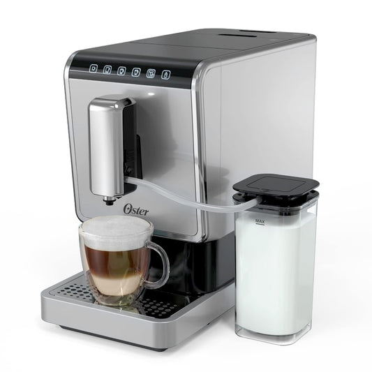 Cafetera Espresso Super Automática Oster Plata Negro con Molino Integrado y Panel Táctil 20 Bares