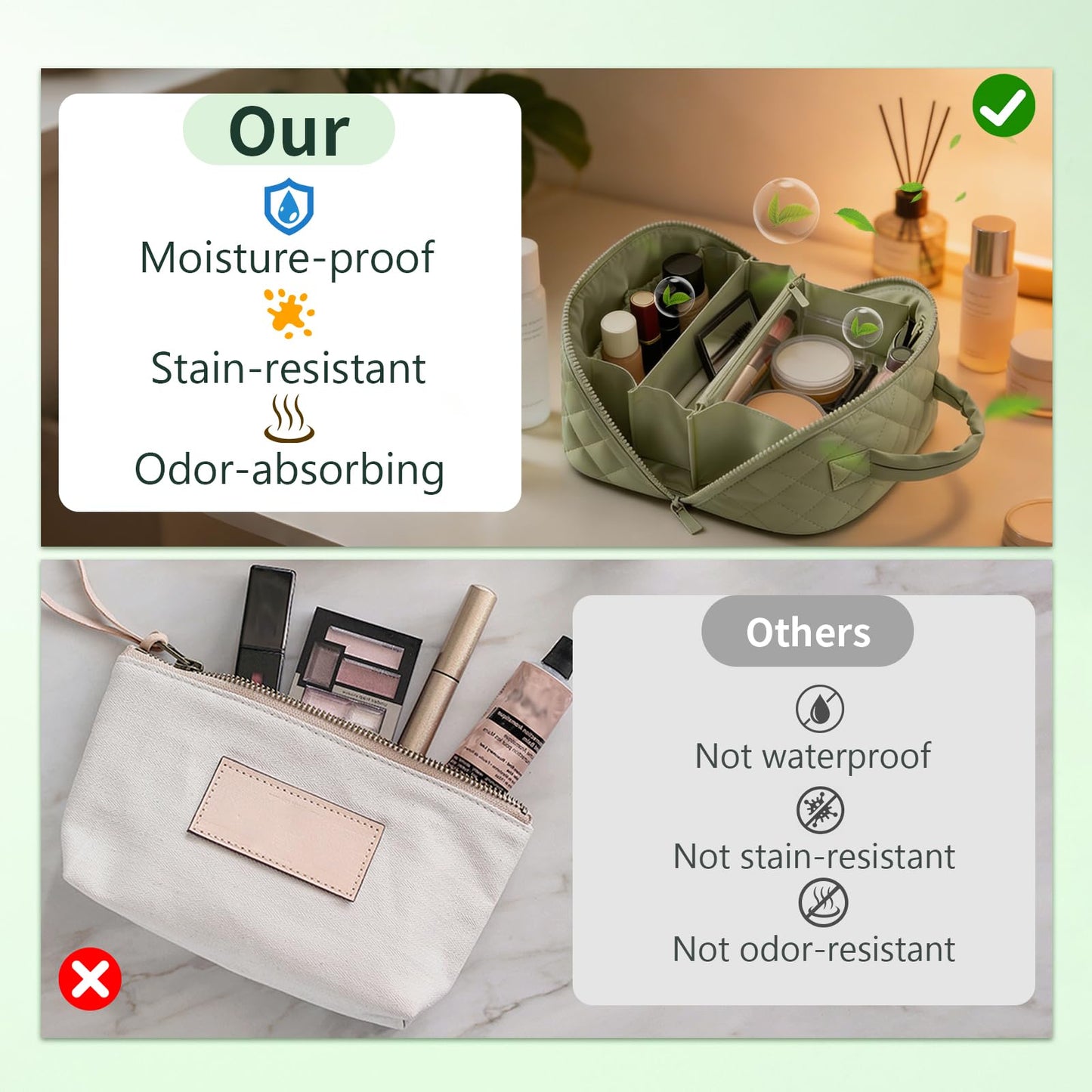BQFLY - Bolsa de maquillaje plana para maquillaje de viaje que abre cosméticos - Juego de 3 bolsas lavables para mujer y ir - Estuche grande para mujer, color verde, para maquillaje My Parallel Bah