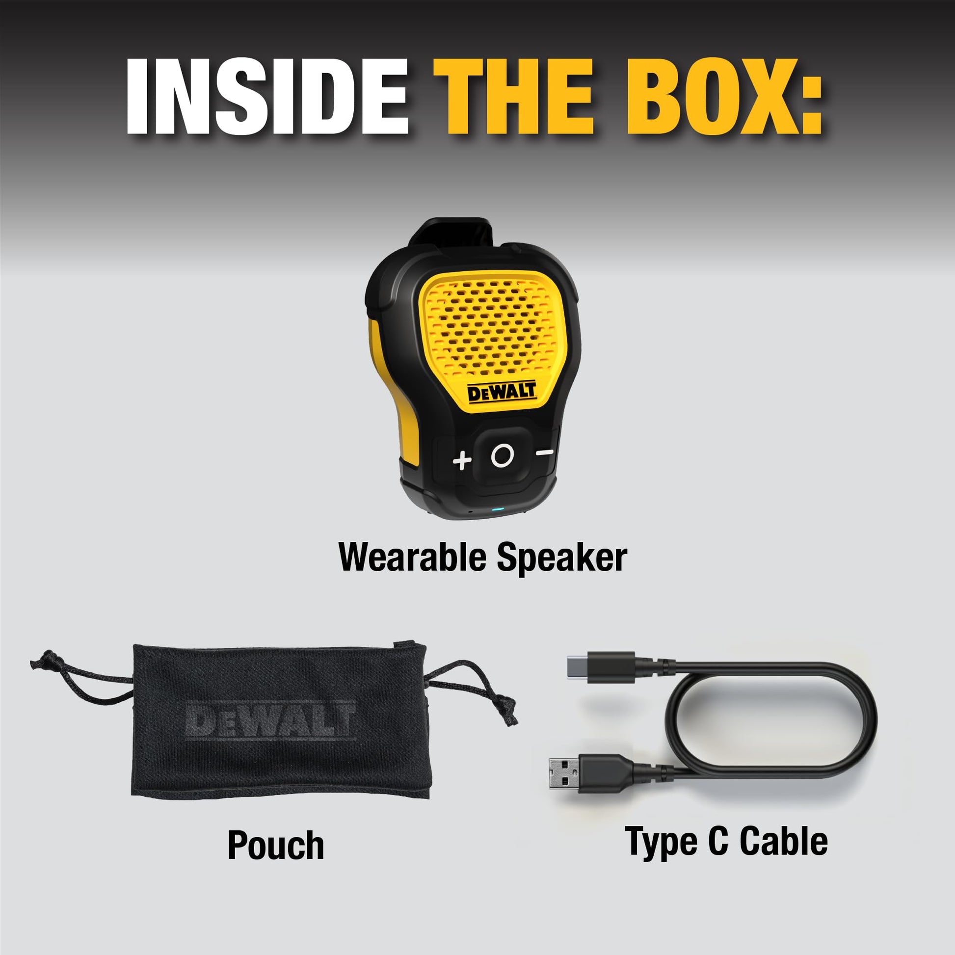 DEWALT - Bocina portátil inalámbrica Bluetooth (versión actualizada) con clip Jobsite Pro, resistente al agua, no magnético, micrófono incorporado para música y llamadas con manos libres