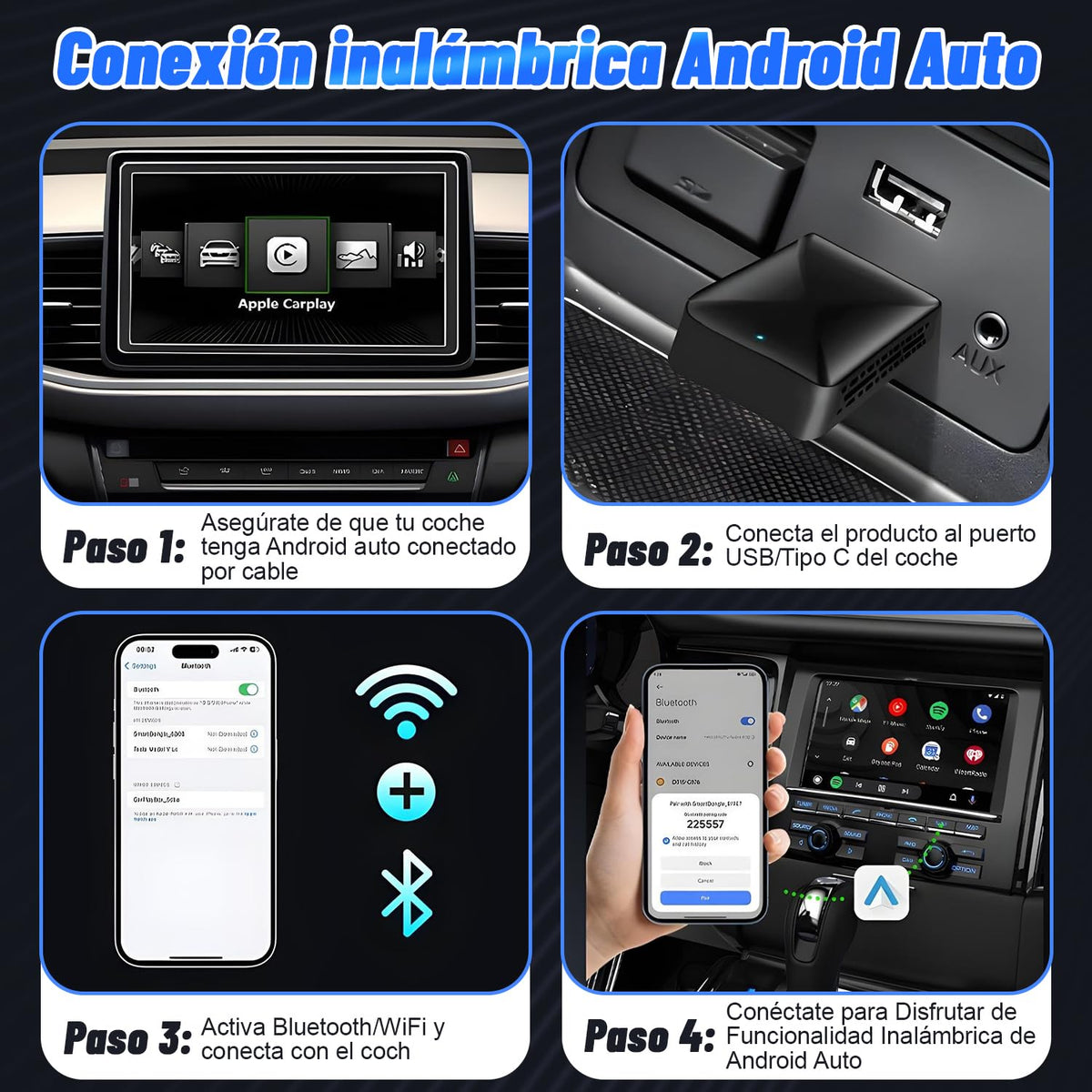 Adaptador Inalámbrico CarPlay y Android Auto, Mini 2 en 1, Blanco, Exión Rápida y Estable WiFi de 5.8 GHz con Puerto USB USB-C