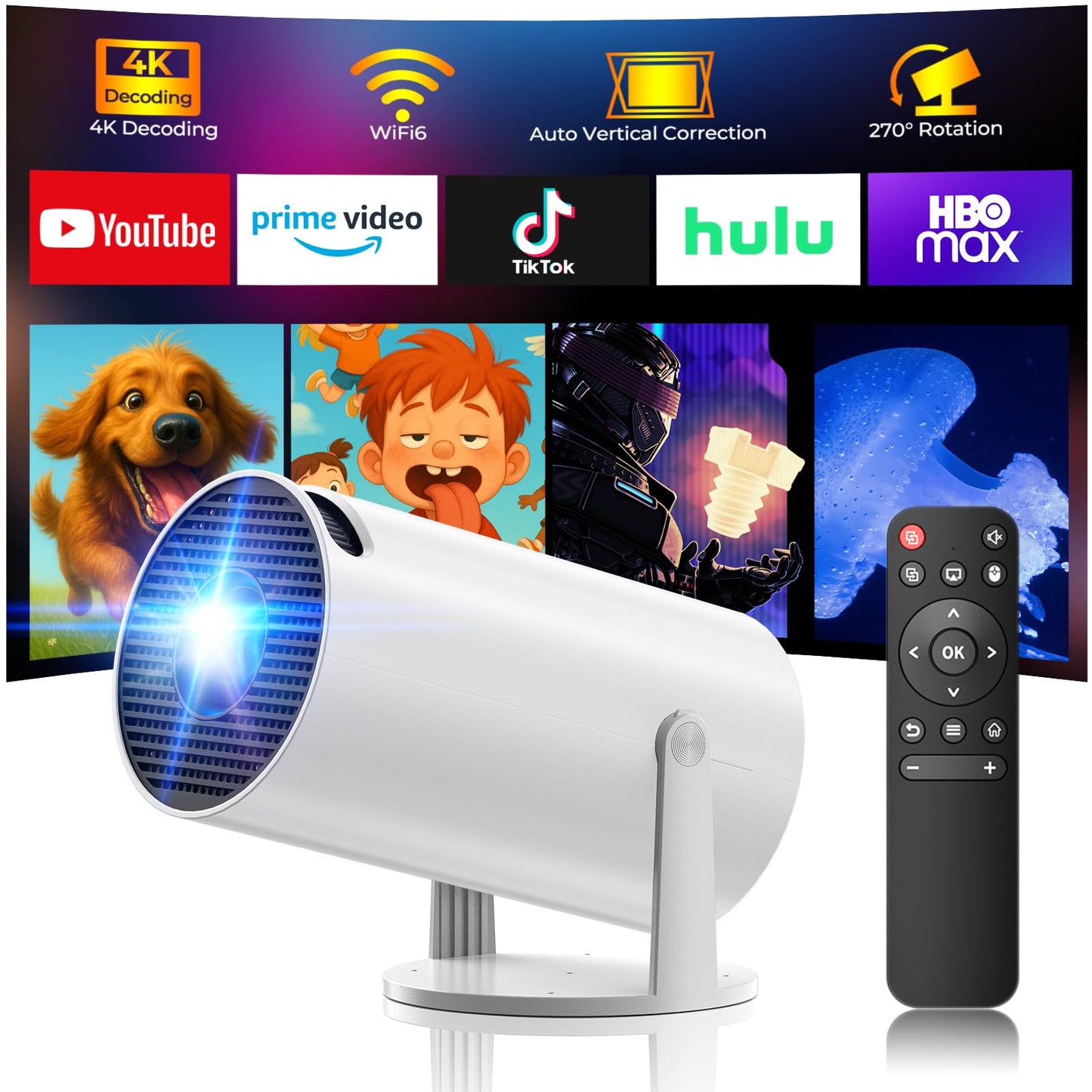 Mini proyector WiFi con Bluetooth, soporte Full HD 4K, proyector portátil inteligente Android 11.0, rotación de 270°, corrección automática vertical Keystone