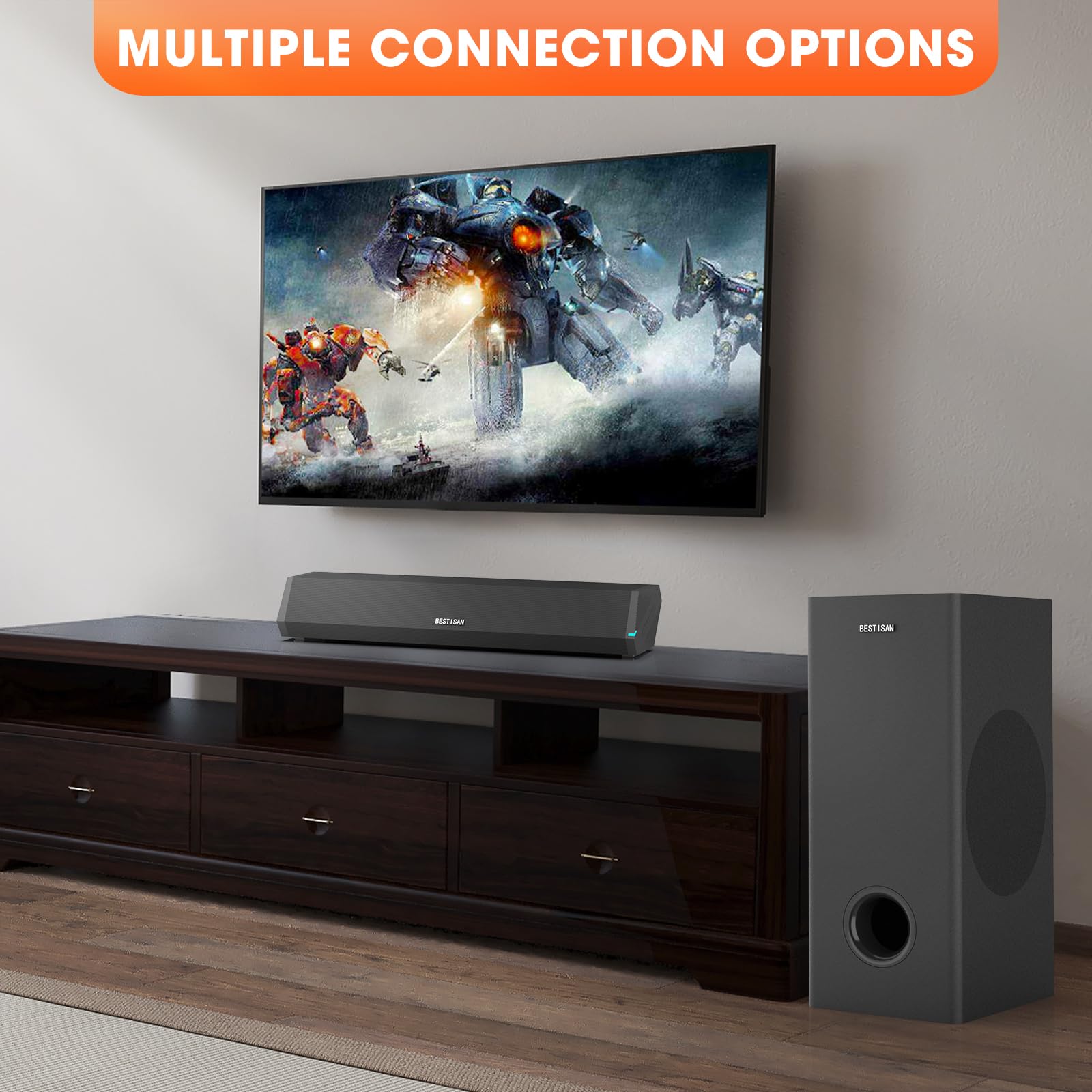 BESTISAN Barras de sonido para TV con subwoofer, 2.1 graves profundos pequeña barra de sonido para monitor de TV, altavoz de cine en casa, sistema de sonido envolvente para juegos de PC con conexión