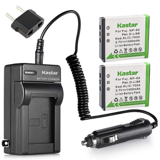 Kastar (2-Pack) y kit de cargador de batería para Fujifilm NP-50, Kodak KLIC-7004, Pentax D-LI68 trabajo con Fujifilm FinePix F50fd, F60fd, F70EXR, F72EXR, F75EXR, F80EXR, F85EXR, F100fd F200EXR, F200EXR, F300EXR, F305EXR, F500EXR, F505EXR, F550EXR, F600E