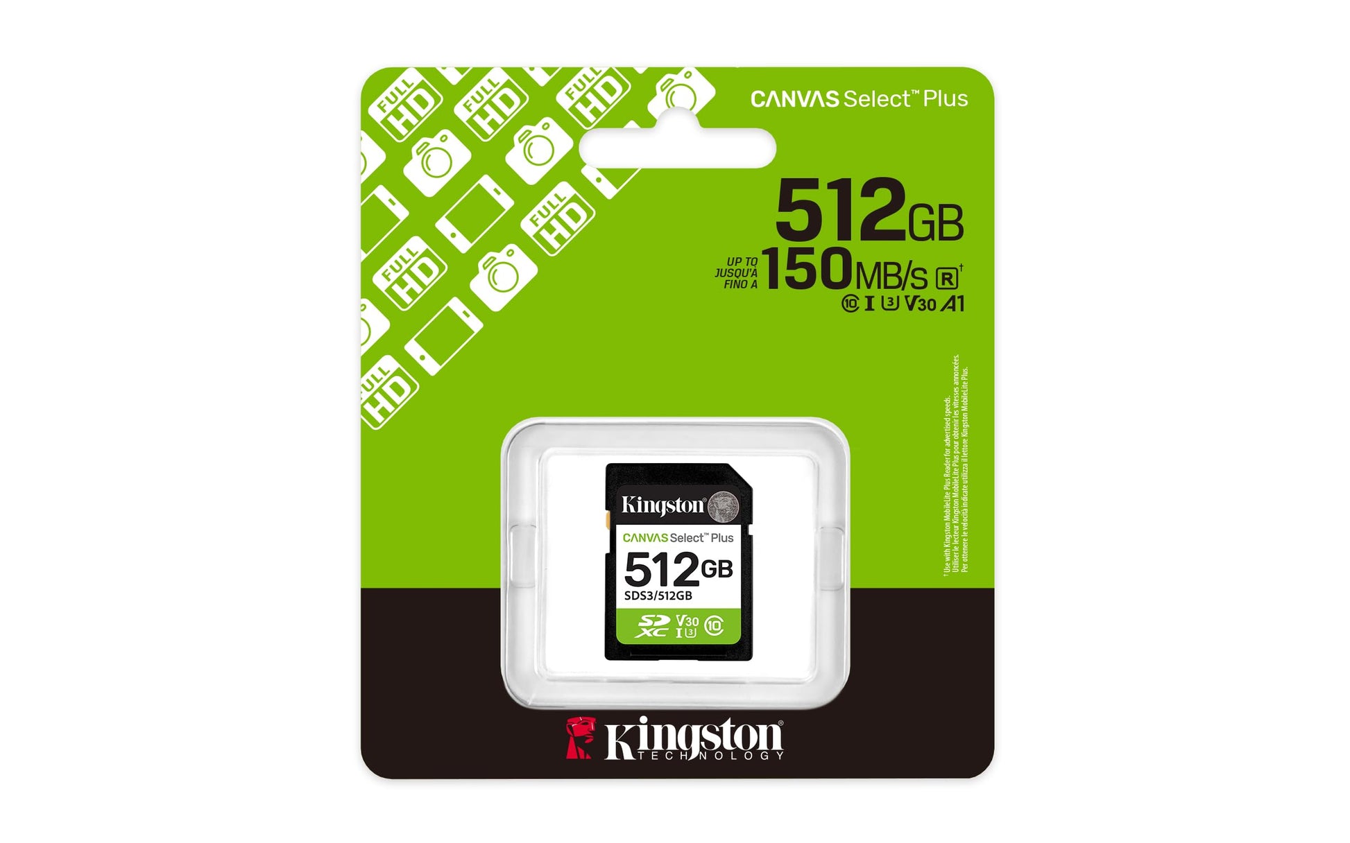 Kingston Tarjeta De Memoria SD, Canvas Select Plus Gen3, Capacidad: 512GB, Full HD, Clase 10, UHS-I, U3, V30, Lectura: 150MB/s, SKU: SDS3/512GB