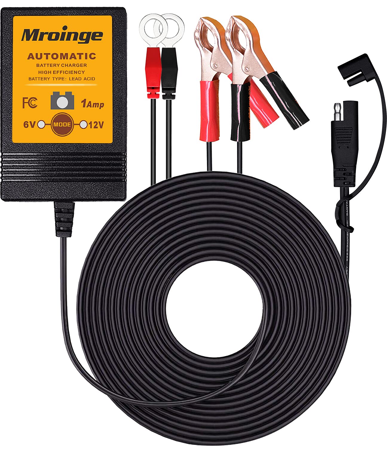 Mroinge Cargador y mantenedor de batería totalmente automático de 6 V/12 V 1 A para automóviles, motocicletas, cortacésped, ATV, RV, lancha, baterías selladas de gel AGM de ciclo profundo
