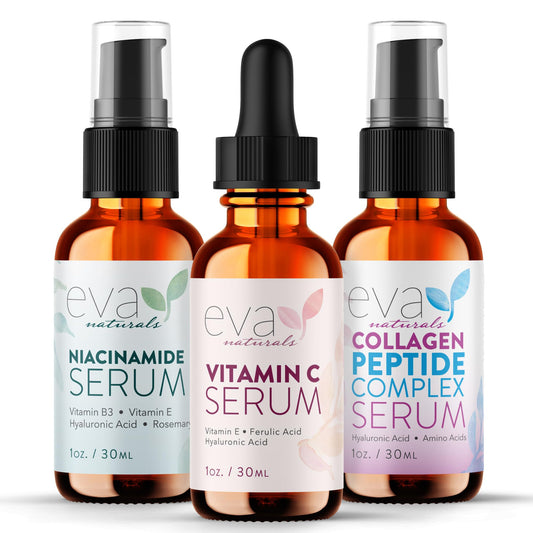 Eva Naturals - Juego de 3 sueros para el cuidado de la piel con 20% de suero de vitamina C, suero complejo de péptidos, suero de vitamina B3 de niacinamida, suero de péptidos para la cara, suero facial