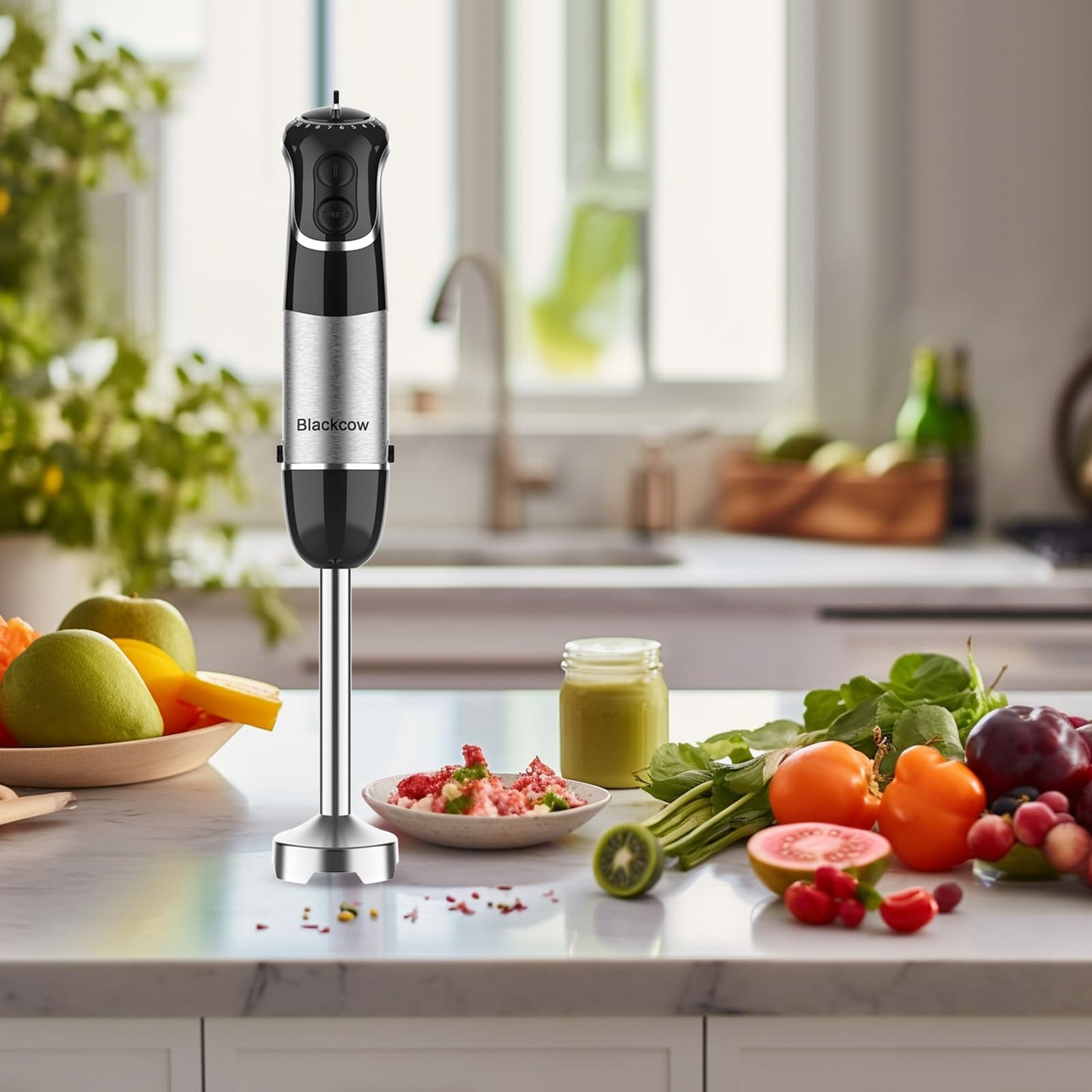 Blackcow - Licuadora de inmersión con cable de mano para cocina, licuadora de emulsión de acero inoxidable con gancho, mezclador de mano eléctrico con 12 velocidades y turbo, para batidos, sopa,
