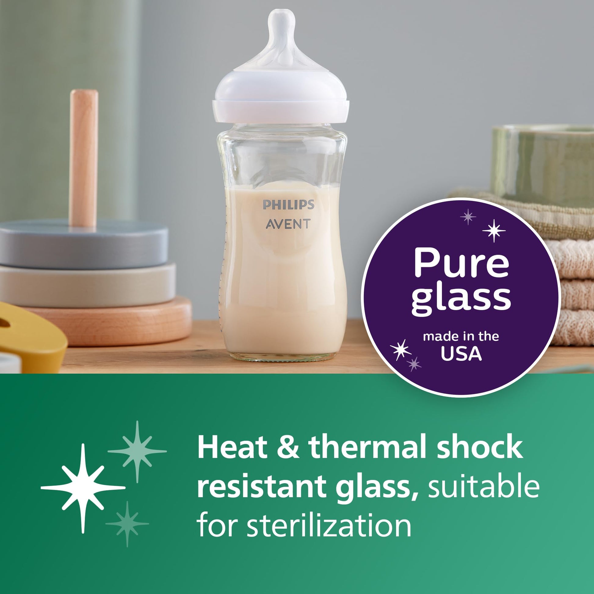 Biberón de Vidrio Natural Philips AVENT Transparente Pezón de Respuesta Natural 8 Onzas Paquete de 4 Unidades