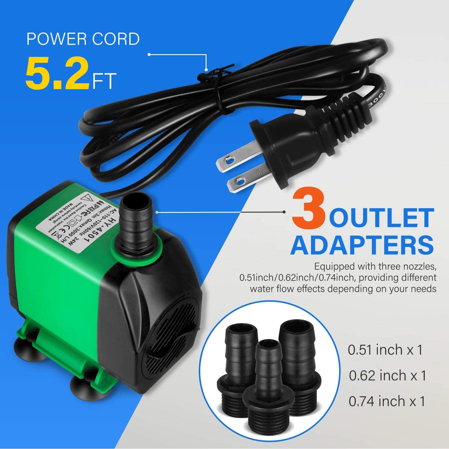 Bomba Sumergible Simple Deluxe Verde de 10 Pies 800GPH 24W con 3 Boquillas